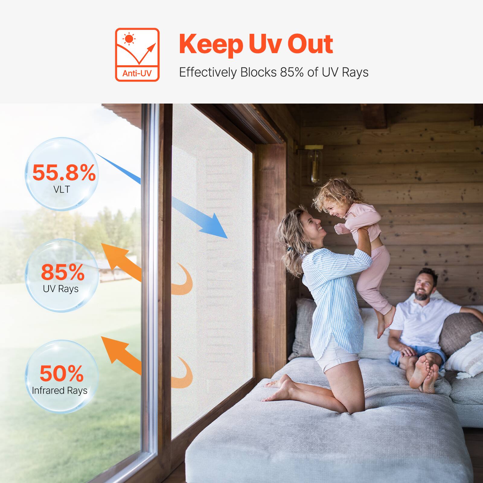 Keep UV Out  
Anti-UV Effectively Blocks 85% of UV Rays  
55.8% VLT  
85% UV Rays  
50% Infrared Rays