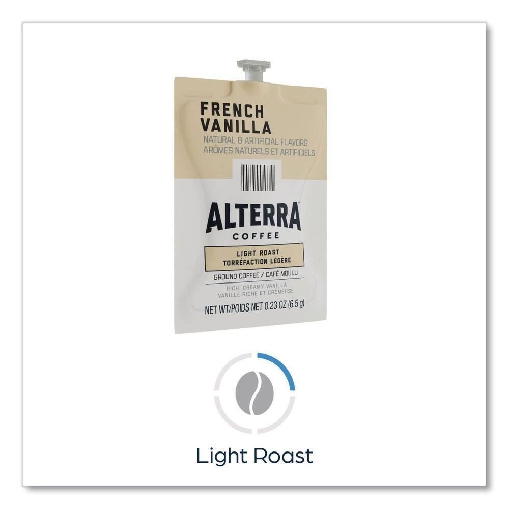 FRENCH VANILLA  
NATURAL & ARTIFICIAL FLAVORS  
ARÔMES NATURELS ET ARTIFICIELS  

ALTERRA  
COFFEE  
LIGHT ROAST  
TORRÉFACTION LÉGÈRE  

GROUND COFFEE / CAFÉ MOULU  
RICHE, CREAMY VANILLA / VANILLE RICHE ET CRÉMEUSE  

NET WT/POIDS NET 0.23 OZ (6.5g)  

Light Roast
