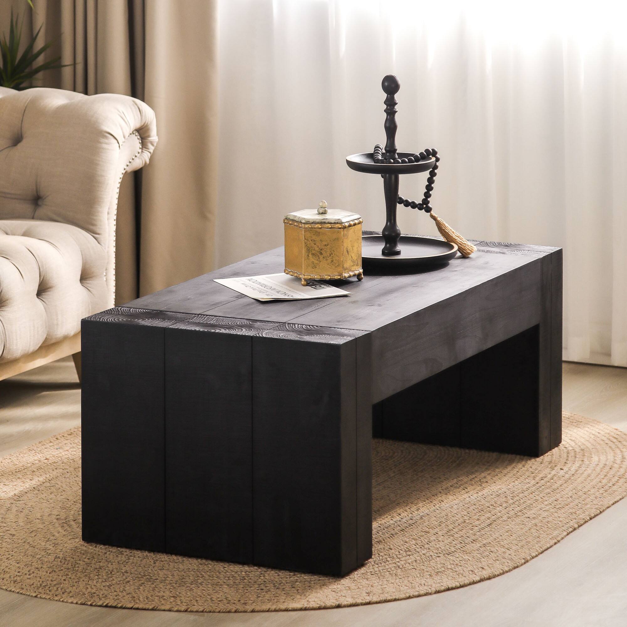 Angle. GOODSILO - Contemporary Solid Wood Rectangular Coffee Table for Modern Living Room Decor - Black+Wood.