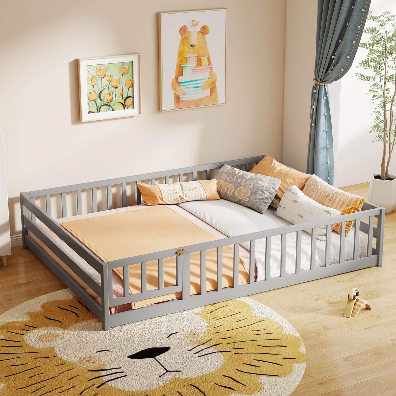 Costway - Full Size Floor Bed with Full Length Safety Guardrails & Door for Boys, Girls - Gray