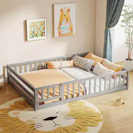Costway - Full Size Floor Bed with Full Length Safety Guardrails & Door for Boys, Girls - Gray