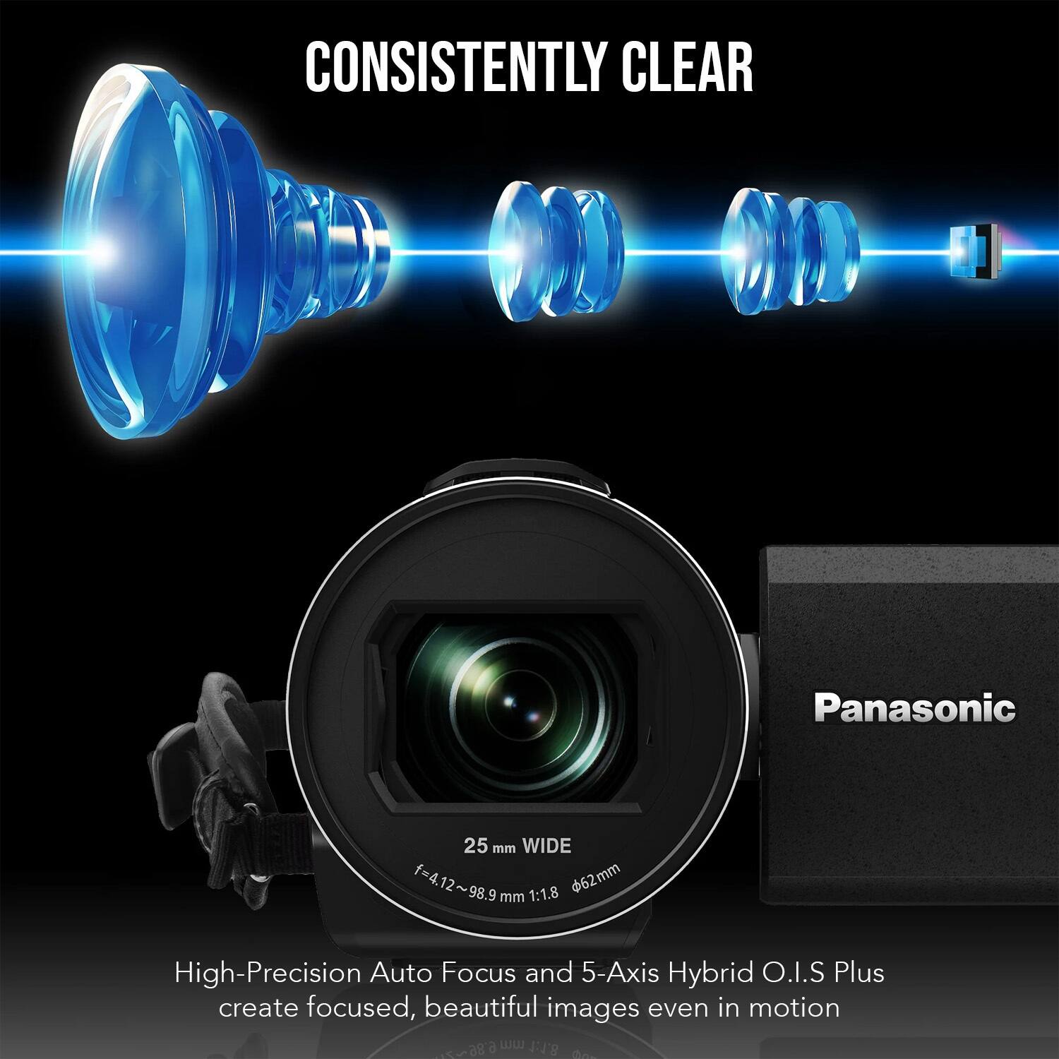 CONSISTENTLY CLEAR

Panasonic 25 mm WIDE f=4.12~98.9 f=4.12 62mm . 98.9 mm 1:1.8

High-Precision Auto Focus and 5-Axis Hybrid O.I.S Plus create focused, beautiful images even in motion

6:86  8.1:1 tha