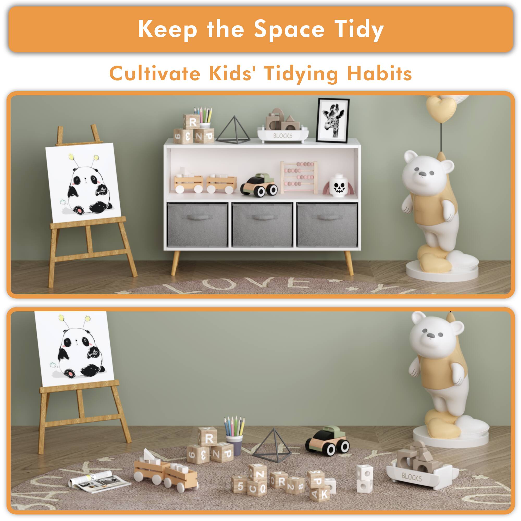 Keep the Space Tidy  
Cultivate Kids' Tidying Habits

6  
R 3 N  
P  
BLOCKS  
00000 00000 COOOO COCCO

9  
R 3 N  
P  
5  
N C Q  
0 R 2  
8  
W P A K  
BLOCKS