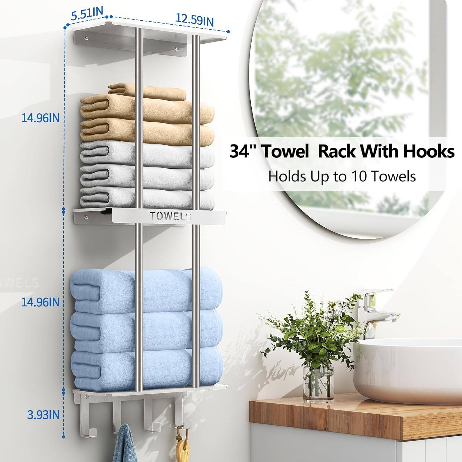 34" Towel Rack With Hooks  
Holds Up to 10 Towels  

Dimensions:  
- Height: 14.96IN  
- Width: 12.59IN  
- Depth: 5.51IN  
- Shelf Depth: 3.93IN