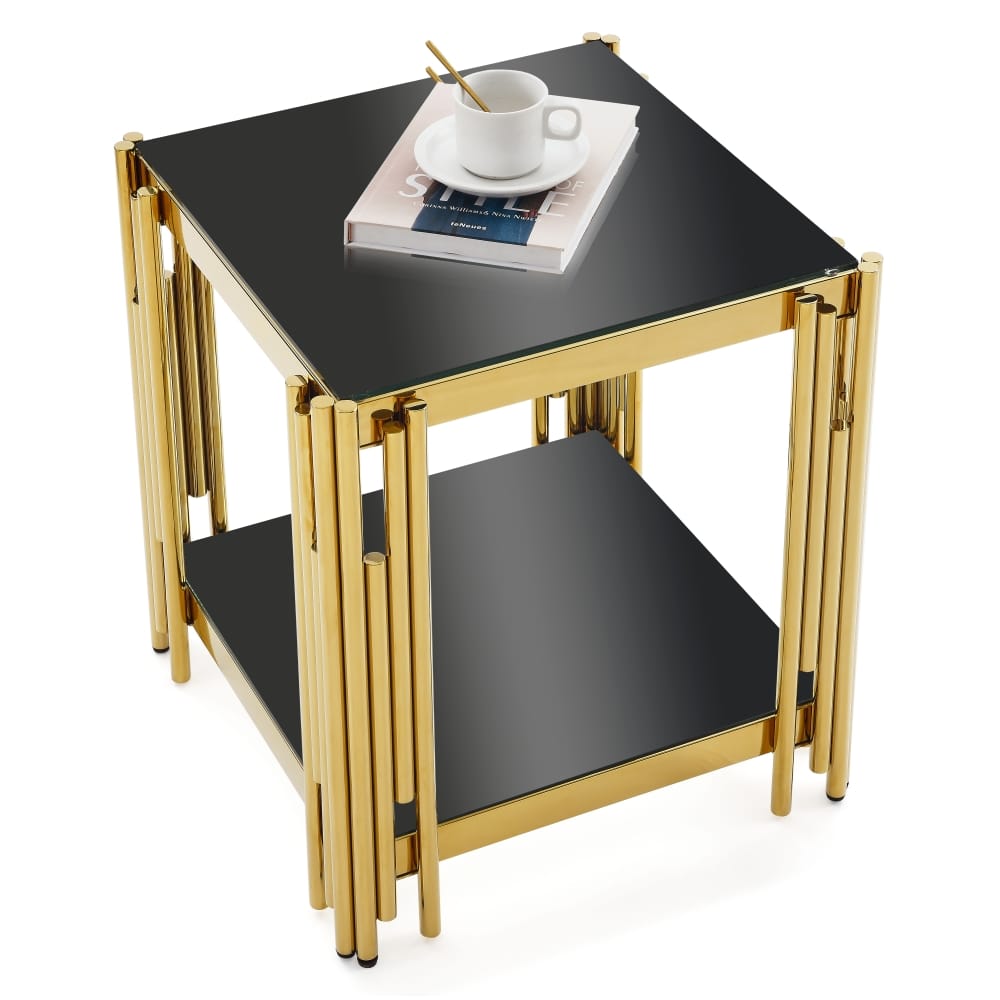 Lirago - End Table with Black Glass Top Golden 4-Legs Coffee Table 22"H x 20.1"D x20.1 "W - Gold