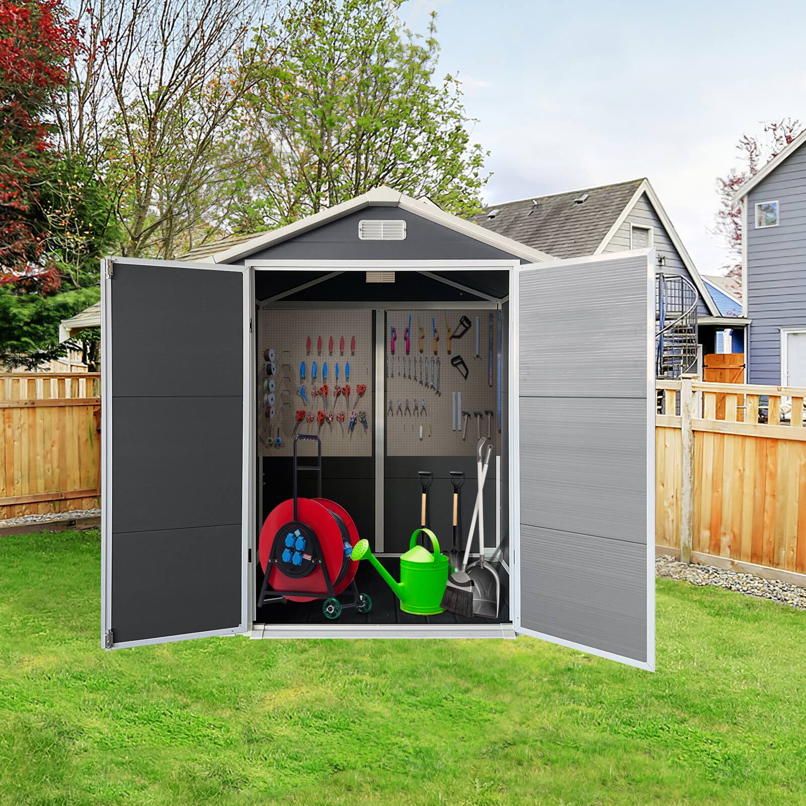 Angle. Anysun - 6ft x 4ft Plastic Outdoor Storage Shed with Floor and Lockable Door – Plastic Garden Shed for Backyard, Lawn - Grey.