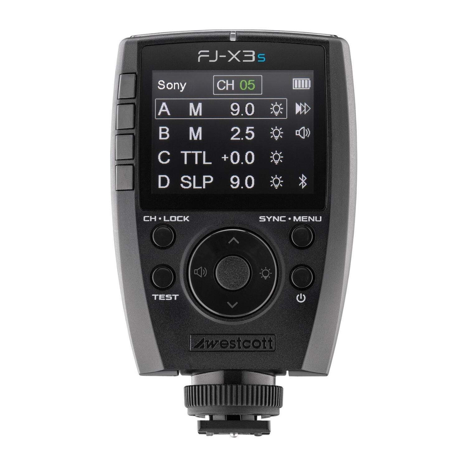 FJ-X3S  
Sony  
CH 05  
A M 9.0  
B M 2.5  
C TTL +0.0  
D SLP 9.0  
CH LOCK  
SYNC MENU  
TEST  
Westcott