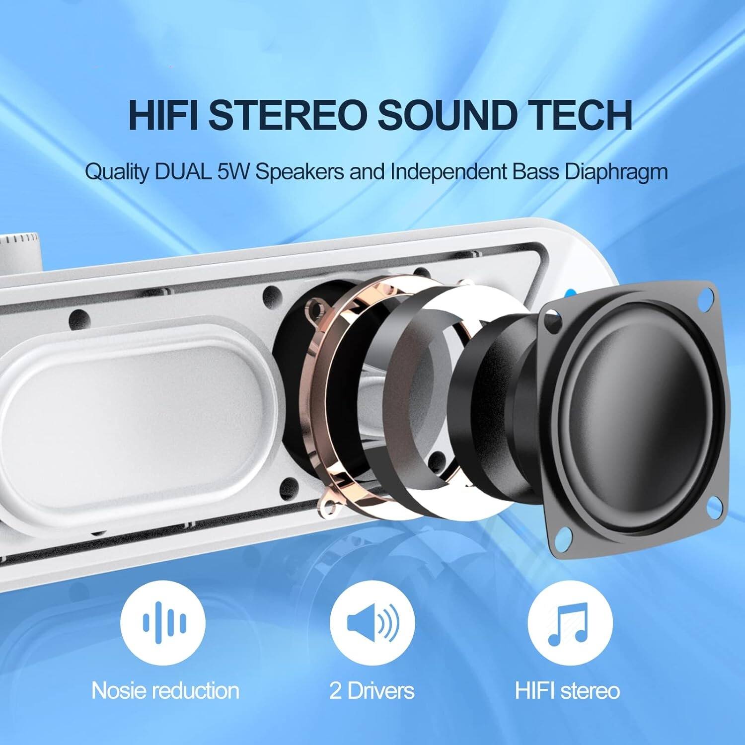 HIFI STEREO SOUND TECH  
Quality DUAL 5W Speakers and Independent Bass Diaphragm  
Noise reduction  
2 Drivers  
HIFI stereo
