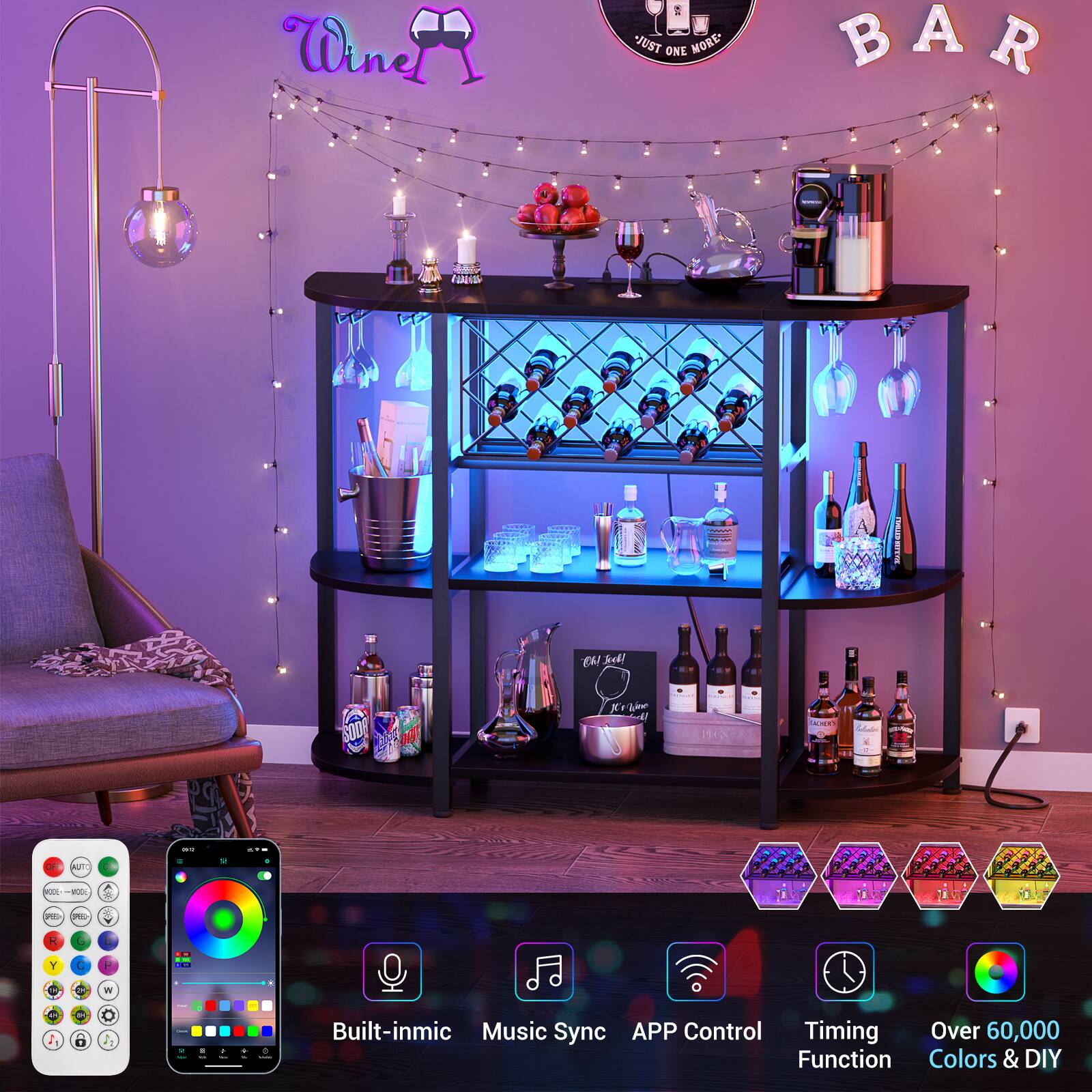 Wine * "JUST ONE MORE BAR A   OE - E kell S00 N  Kiiine 17 O. - .. A UA V - - Y A - - 1 - - a I e + de + Built-in mic Music Sync APP Control Timing Over 60,000 Function Colors & DIY