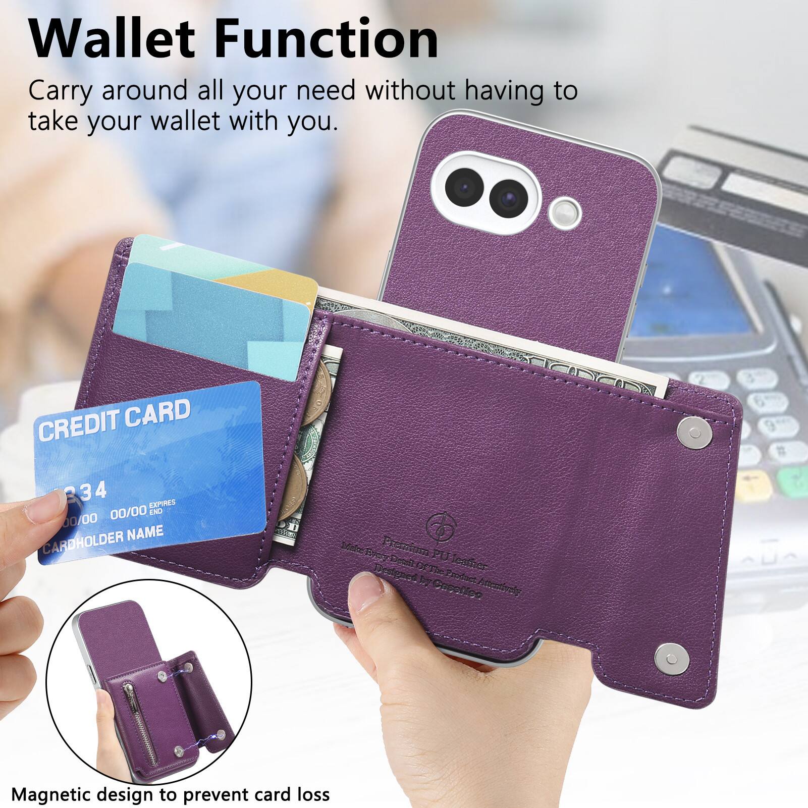 Wallet Function  
Carry around all your need without having to take your wallet with you.

CREDIT CARD  
34  
EXPIRES 00/00  
END 00/00  
CARDHOLDER NAME

MakeTiveryDow Premium Domil PU Leather  
Product by A Capolico  
Magnetic design to prevent card loss
