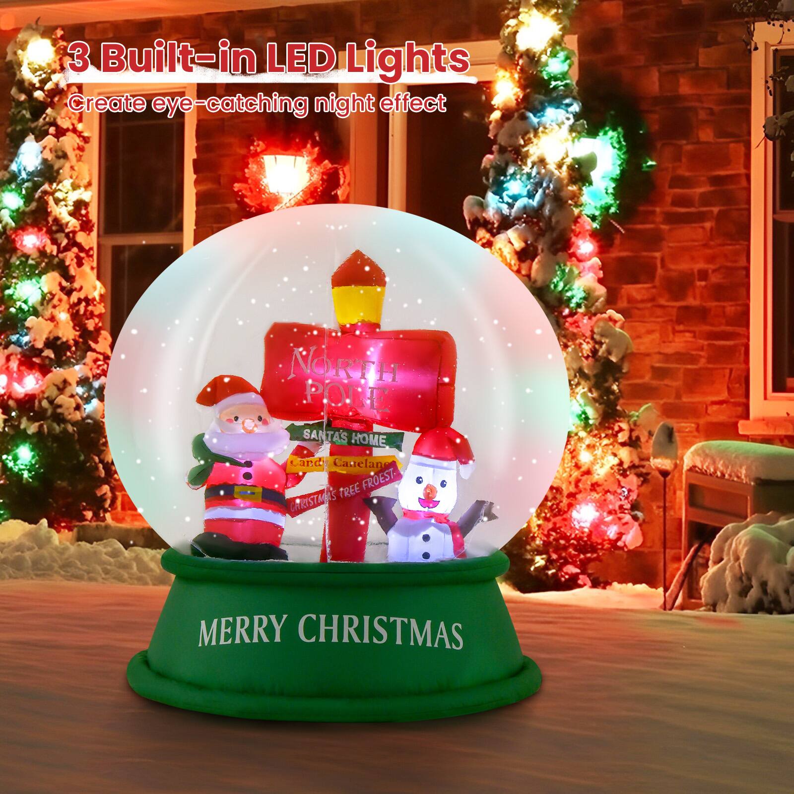 "3 Built-in LED Lights Create eye-catching night effect. North Pole Santa's Home. Merry Christmas."