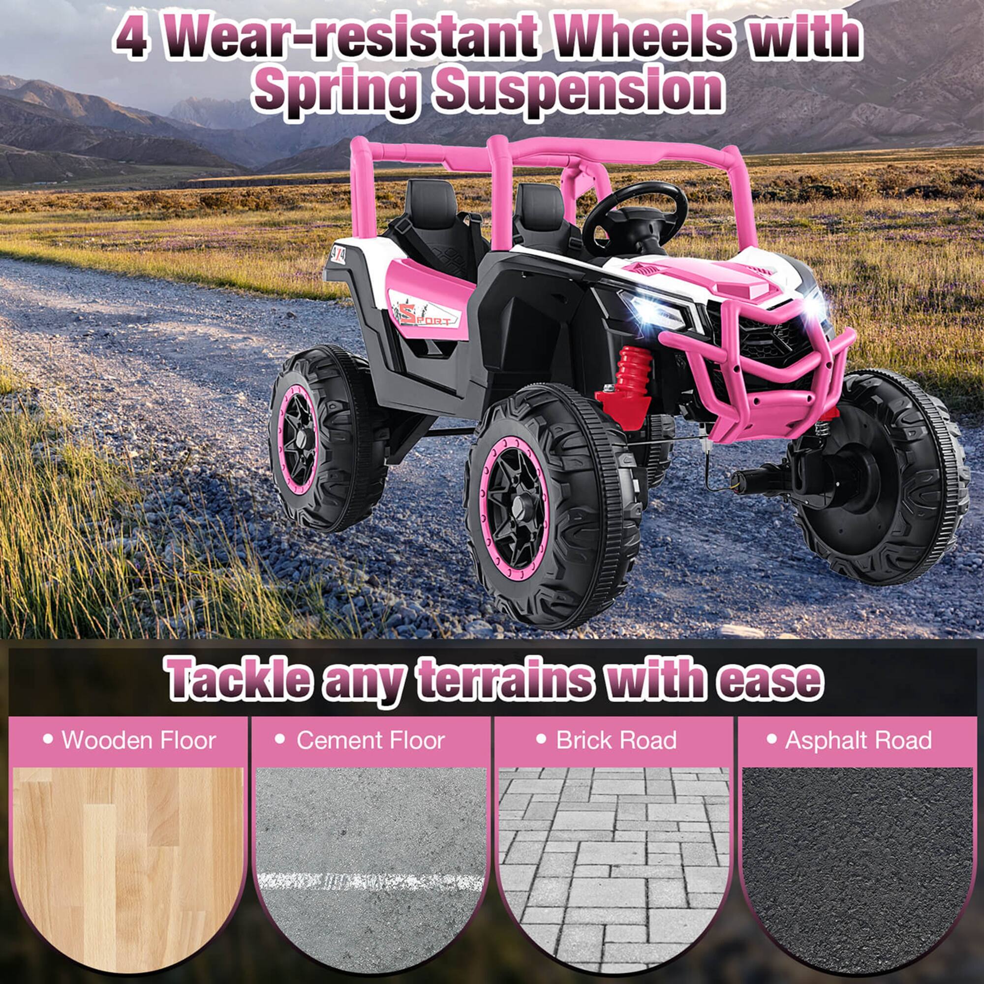 4 Wear-resistant Wheels with Spring Suspension

Tackle any terrains with ease

- Wooden Floor
- Cement Floor
- Brick Road
- Asphalt Road