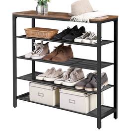 Hivvago - Modern Industrial Style 5-Tier Black Metal Shoe Rack with Brown Wood Top - Rustic Brown