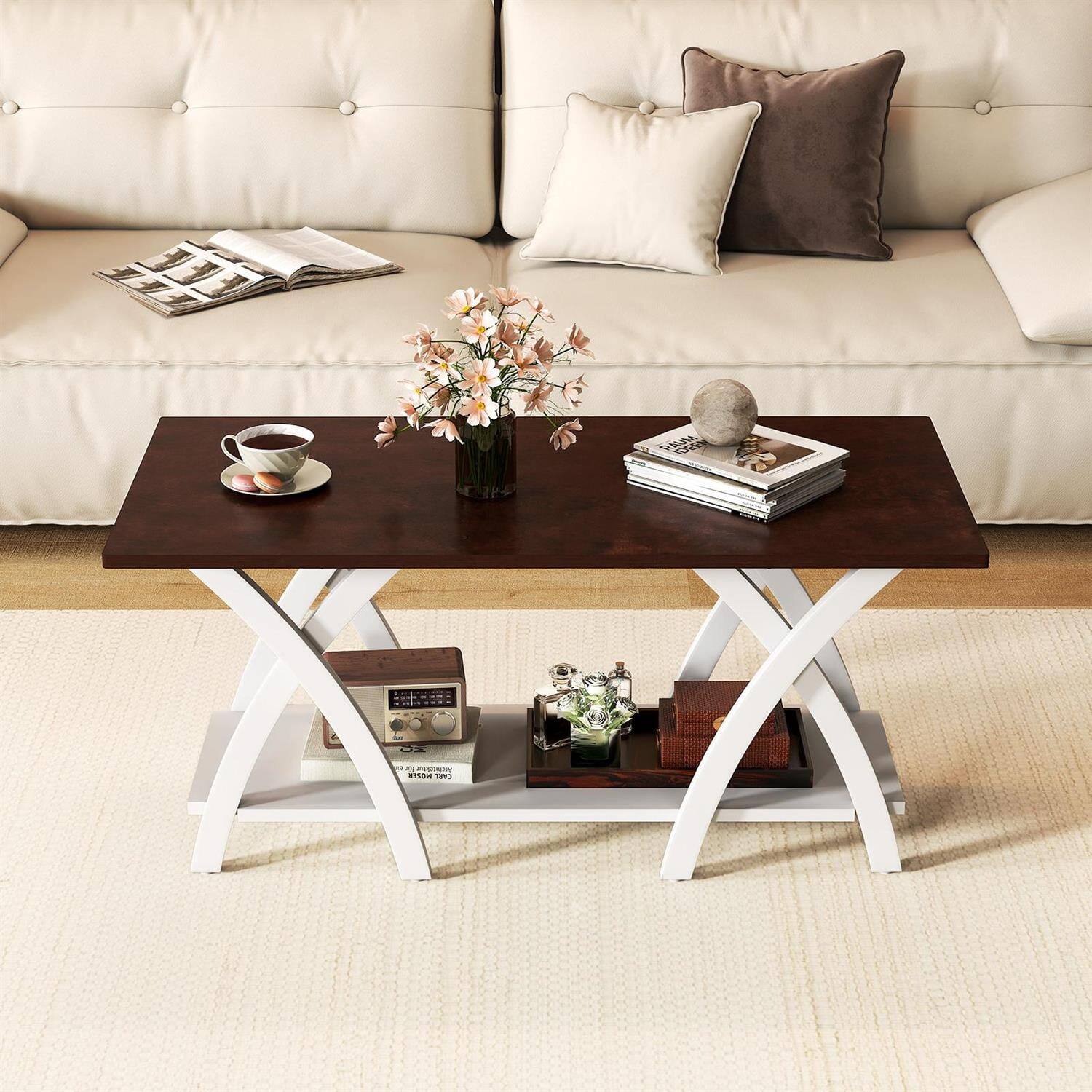 Alt View 3. Pefilos - 40" Farmhouse 2-Tier Wood Coffee Table, Open Storage Shelf, X-Shaped Support Frame, Walnut & White - Brown.