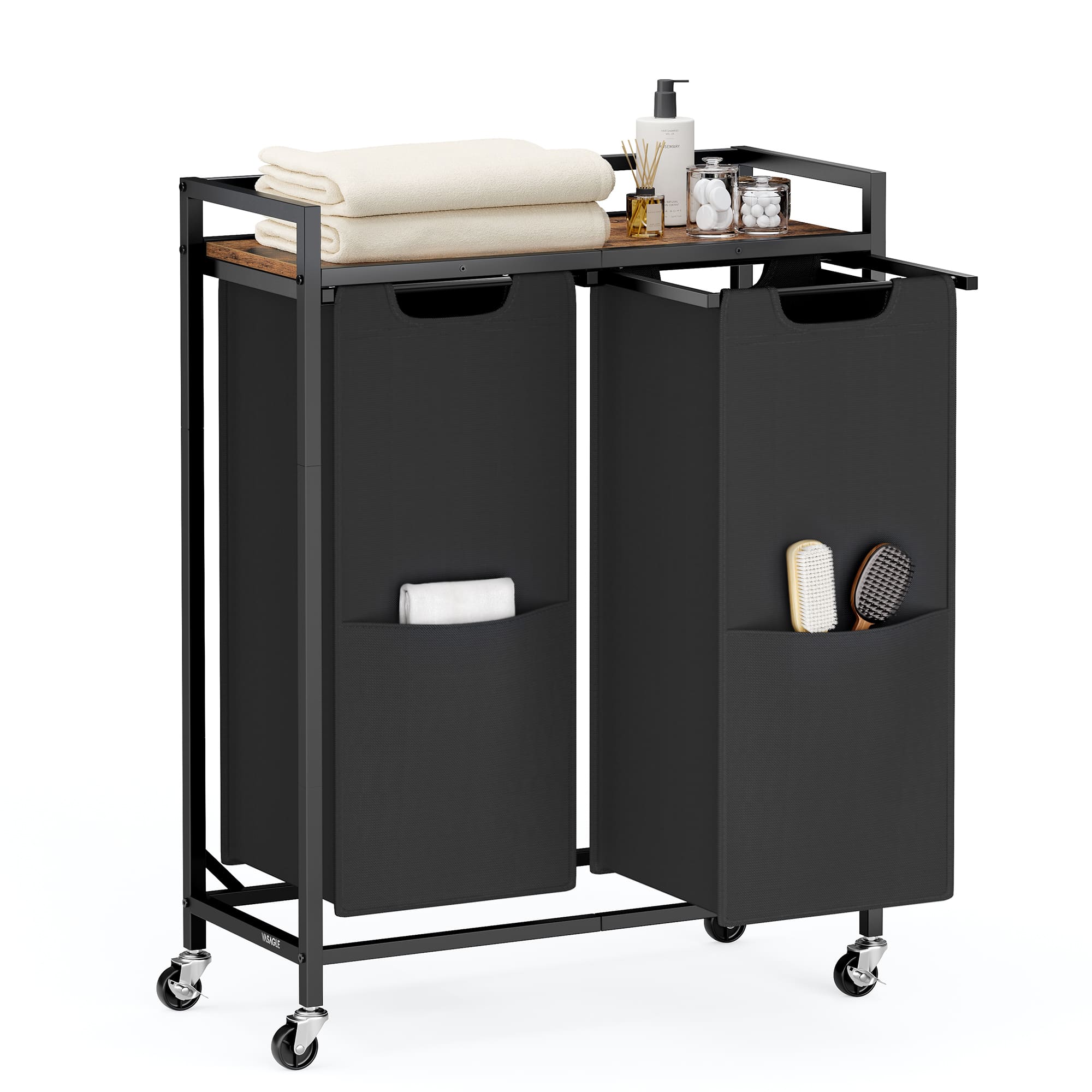 Songmics Home - Laundry Sorter, 29 Gal. (110 L) Laundry Hamper Basket with 2 Compartments, Rolling Cart with Wheels, Shelf - Ink Black and Rustic Brown price history on PriceWatchPro