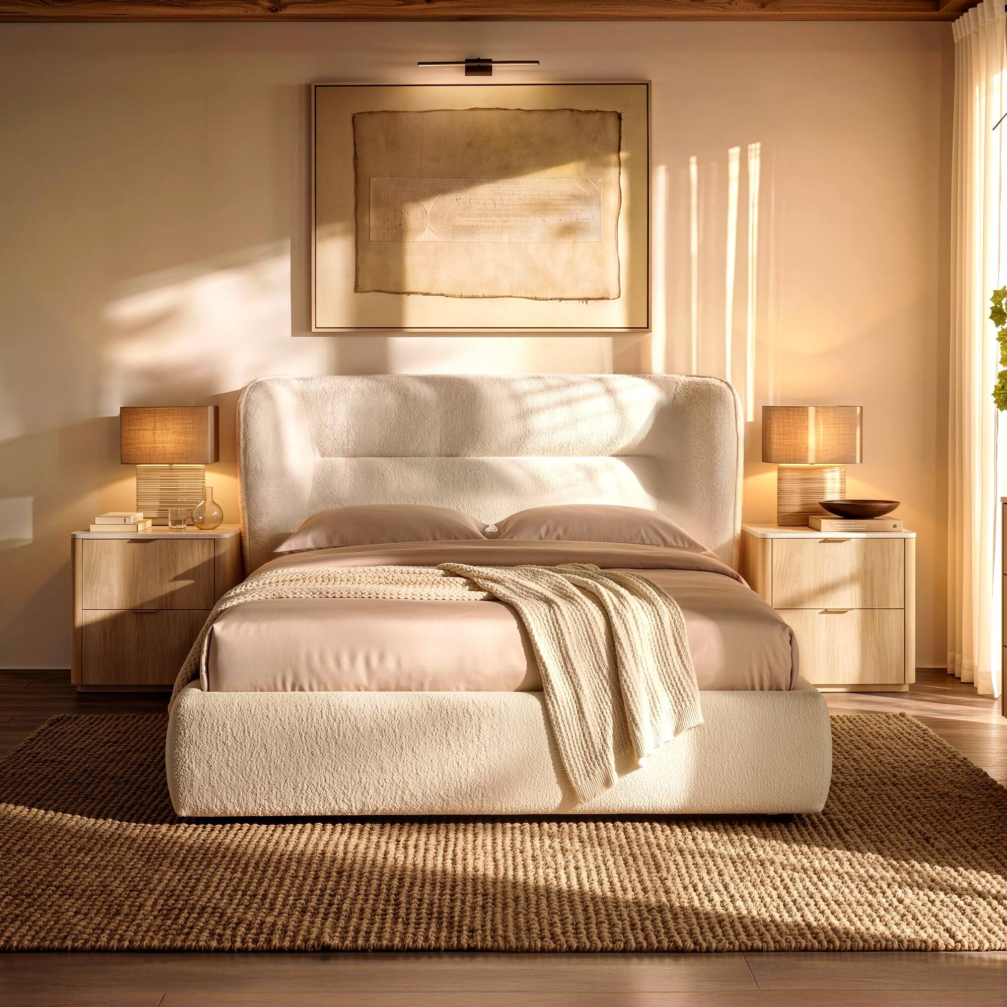 Left. ModernMate - Upholstered Bed with High Headboard and Footboard Solid Wood Base Platform Beds - Beige.