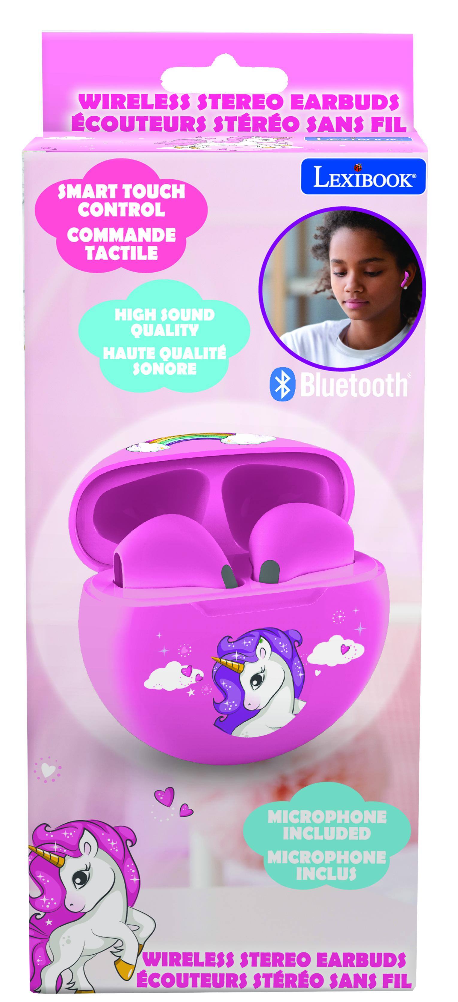 WIRELESS STEREO EARBUDS  
ÉCOUTEURS STÉRÉO SANS FIL  

SMART TOUCH CONTROL  
COMMANDE TACTILE  

HIGH SOUND QUALITY  
HAUTE QUALITÉ SONORE  

Bluetooth  

MICROPHONE INCLUDED  
MICROPHONE INCLUS  

LEXIBOOK