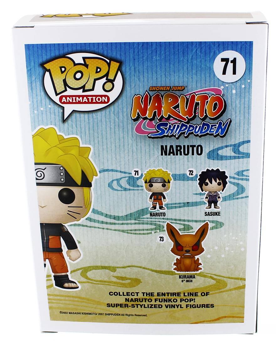71 POP! SHONEN JUMP ANIMATION NARUTO SHIPPUDEN NARUTO  
72 NARUTO  
73 KURAMA  
6" INCH  
COLLECT THE ENTIRE LINE OF NARUTO FUNKO POP! SUPER-STYLIZED VINYL FIGURES  
©2002 MASASHI KISHIMOTO/2007 SHIPPUDEN All Rights Reserved.