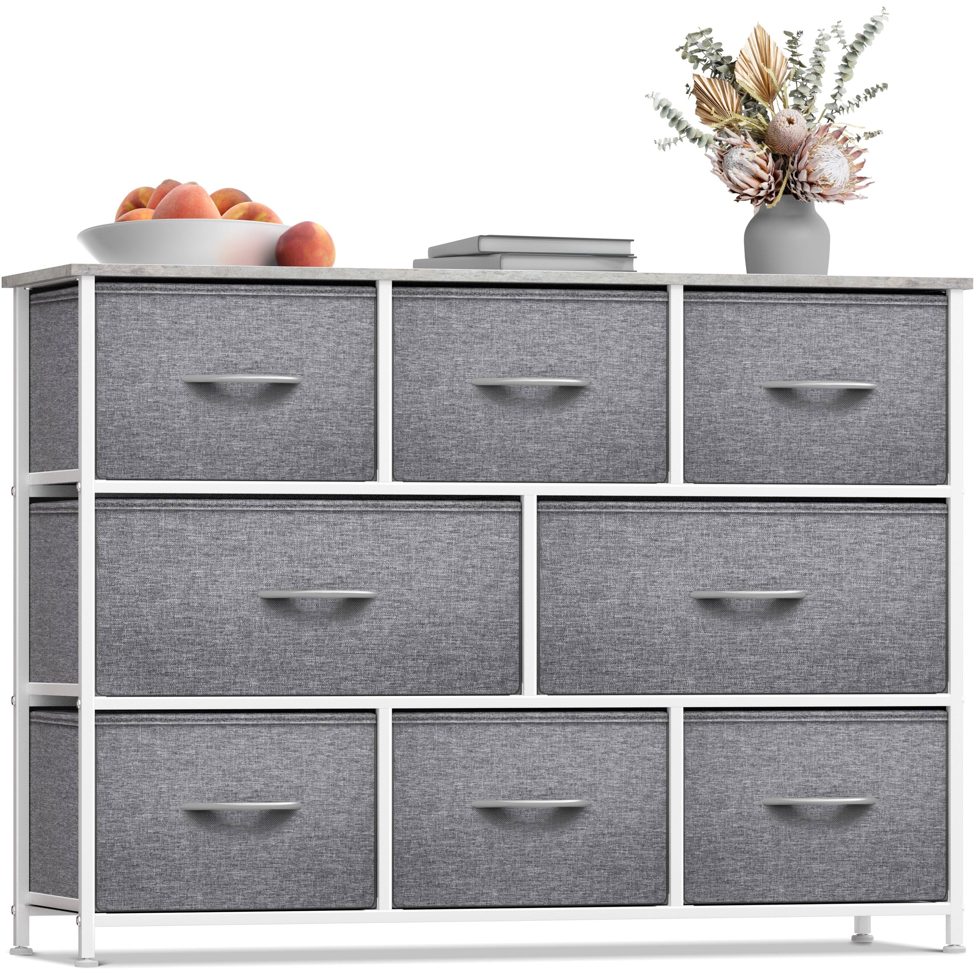 Sorbus - 8 Drawers Wide Dresser - Organizer Unit with Steel Frame, Wood Top, and Handle, and Fabric Bins - Gray