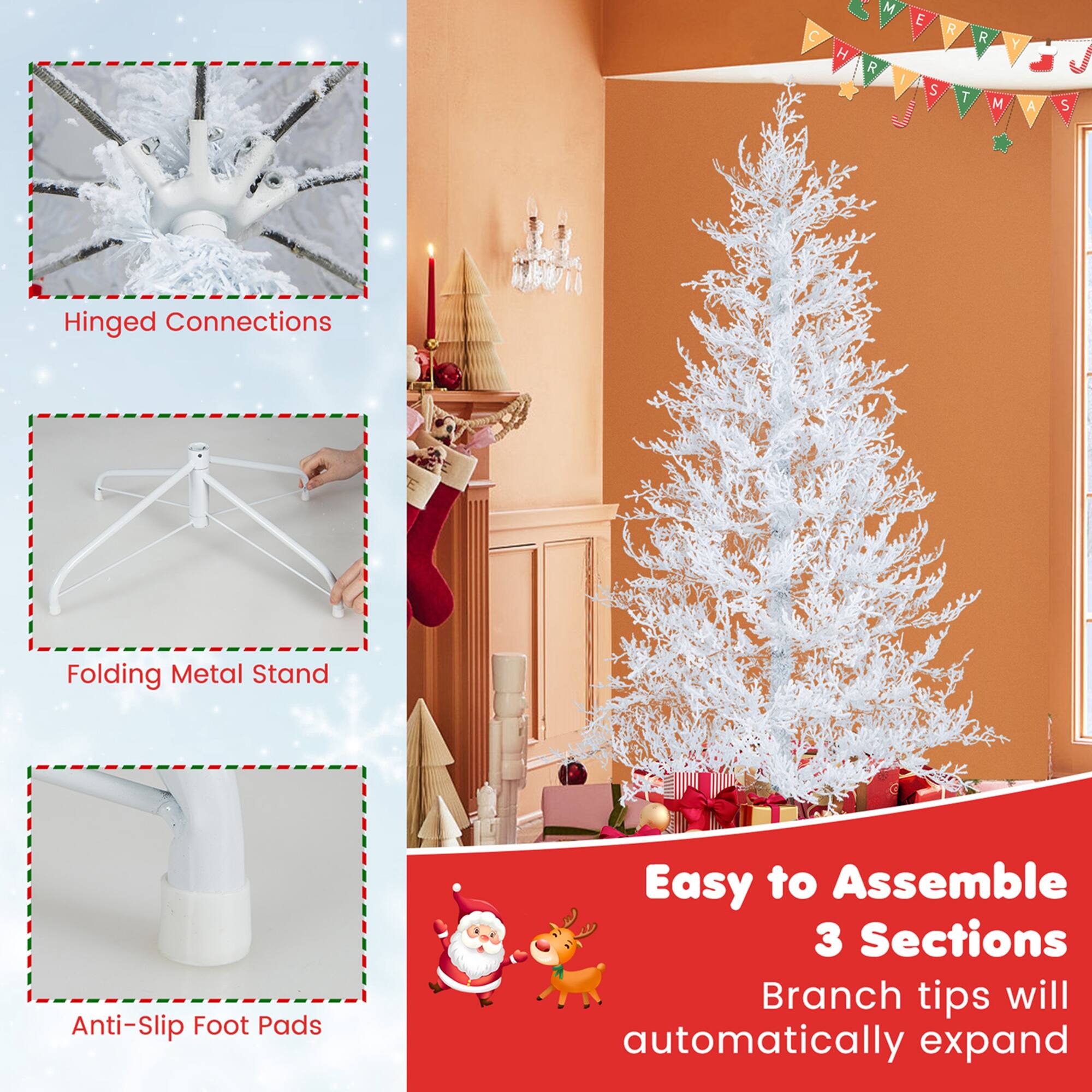 The text on the image is grouped and corrected as follows:

1. Hinged Connections:
2. Folding Metal Stand:
3. Anti-Slip Foot Pads:
4. Easy to Assemble:
5. 3 Sections:
6. Branch tips will automatically expand:

This revised text provides a clear and concise description of the features of the Christmas tree stand.