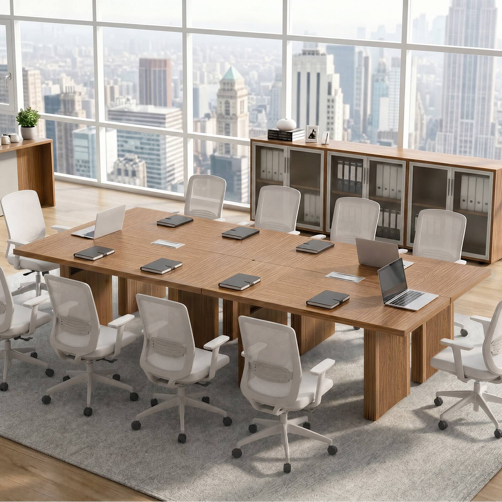 Alt View 2. Bestier - 63" Large Modern Fluted Executive Desk, Multi-Purpose Computer Office & Dining Table with 1.5" Thick Top - Brown Oak.