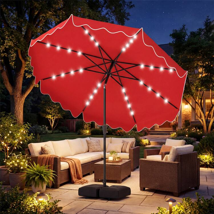 Angle. Mondawe - 10 FT Outdoor Patio Umbrella Solar LED Lights with Weighted Base - Red.