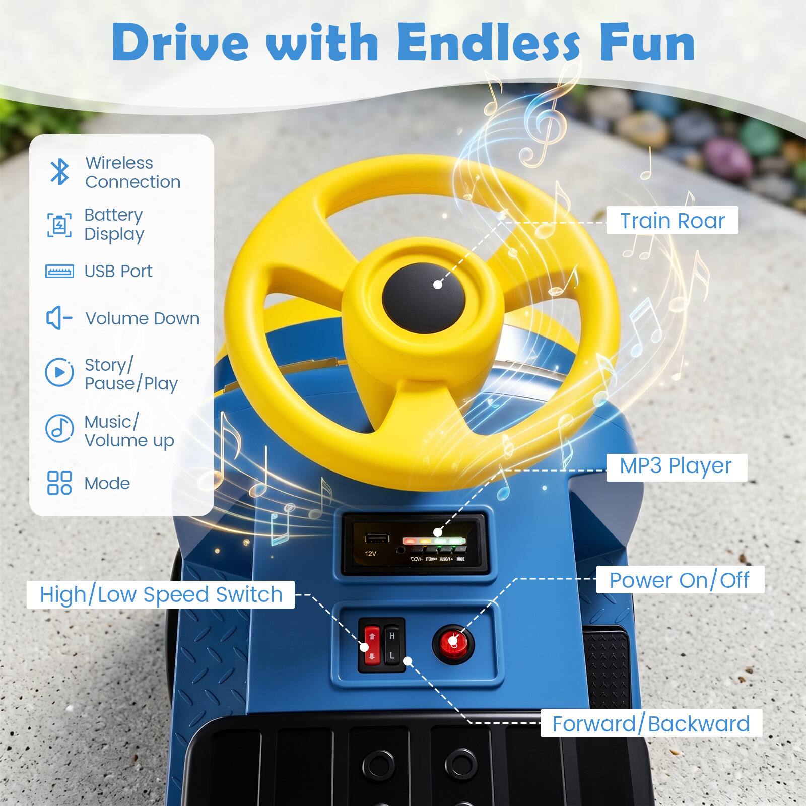 Drive with Endless Fun

- Wireless Connection
- Battery Display
- USB Port
- Volume Down
- Story/ Pause/Play
- Music/ Volume up
- Mode
- MP3 Player
- High/Low Speed Switch
- Power On/Off
- Forward/Backward
- Train Roar