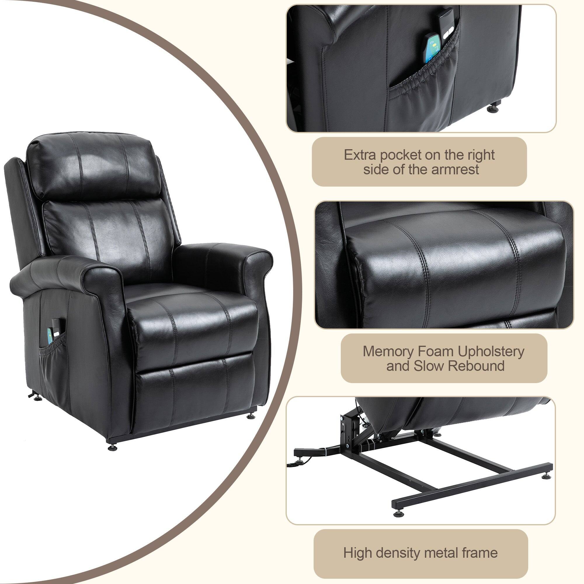 The image features a black leather chair with a high density metal frame. It has an extra pocket on the right side of the armrest and is upholstered with memory foam for added comfort. The chair also has a slow rebound feature, which provides additional support and relaxation.