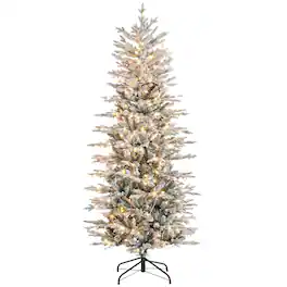 Homcom - Pre Lit Artificial Flocked Christmas Trees, with Snow Branches, Warm Yellow Clear Lights, Auto Open - Green