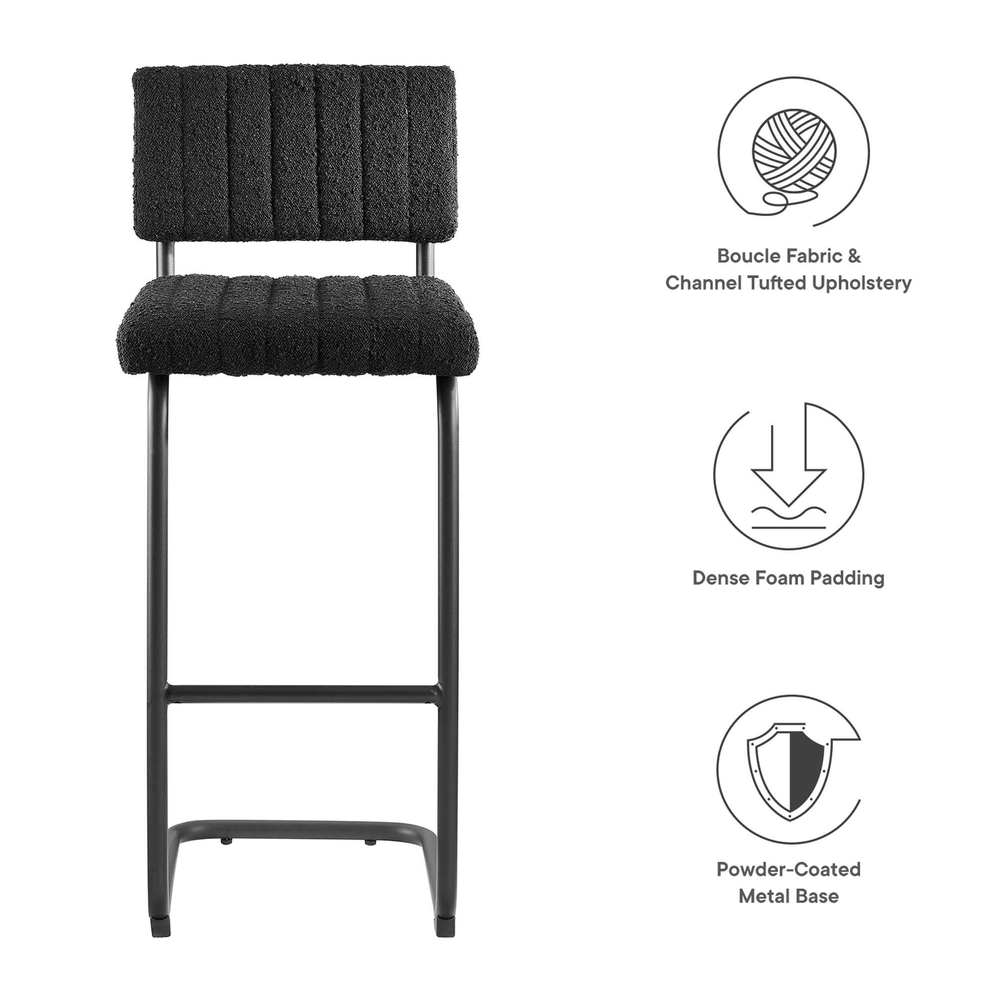 - Boucle Fabric & Channel Tufted Upholstery
- Dense Foam Padding
- Powder-Coated Metal Base