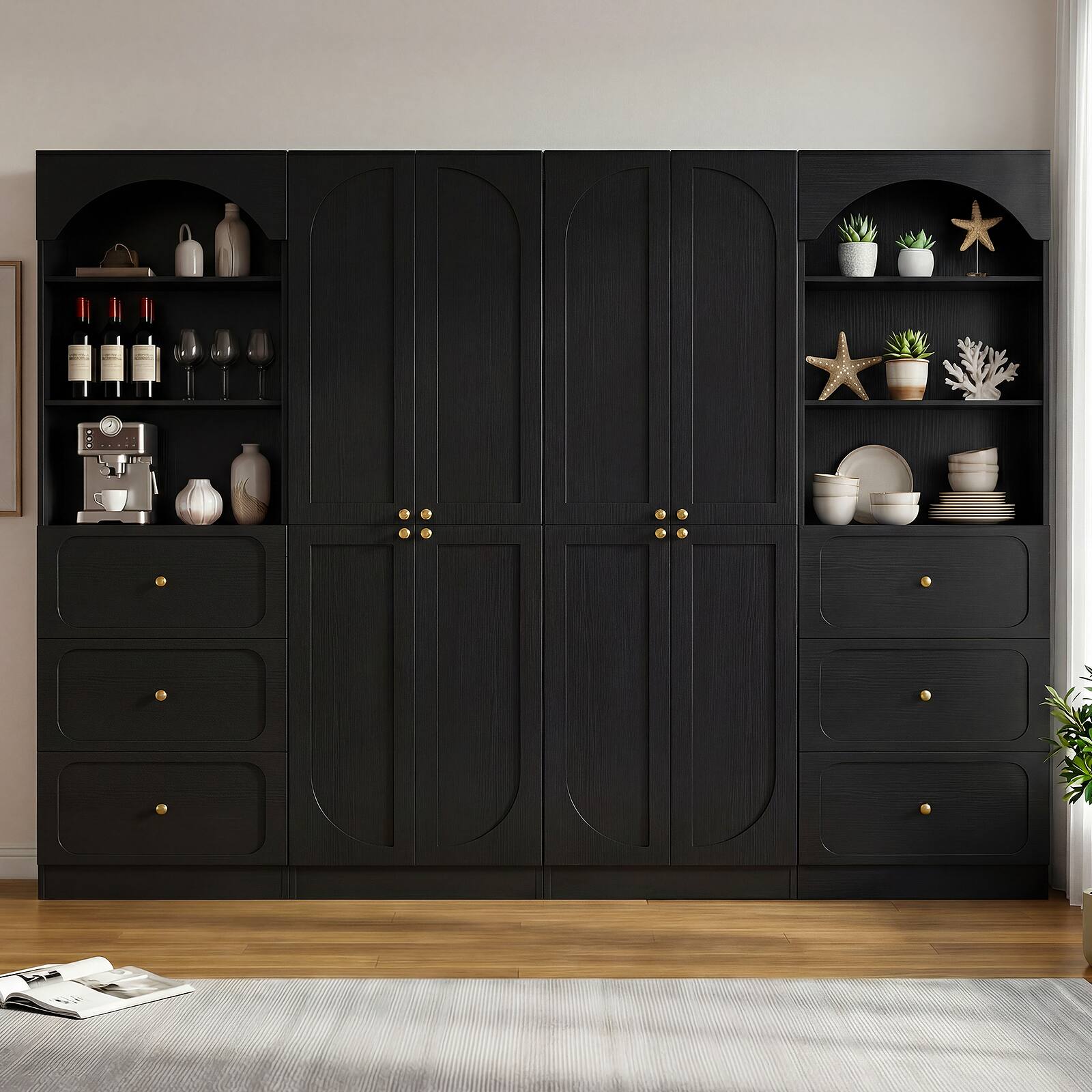 Alt View 2. Aheaplus - 80" Arched Kitchen Pantry Sets: 47" Wood Cupboard with 3 Drawers & 3-Tier Shelves, Wall-Fit for Kitchen/Living Room - Black.