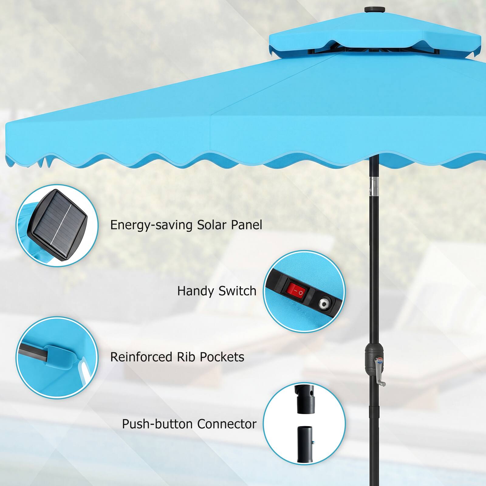 Energy-saving Solar Panel  
Handy Switch  
Reinforced Rib Pockets  
Push-button Connector