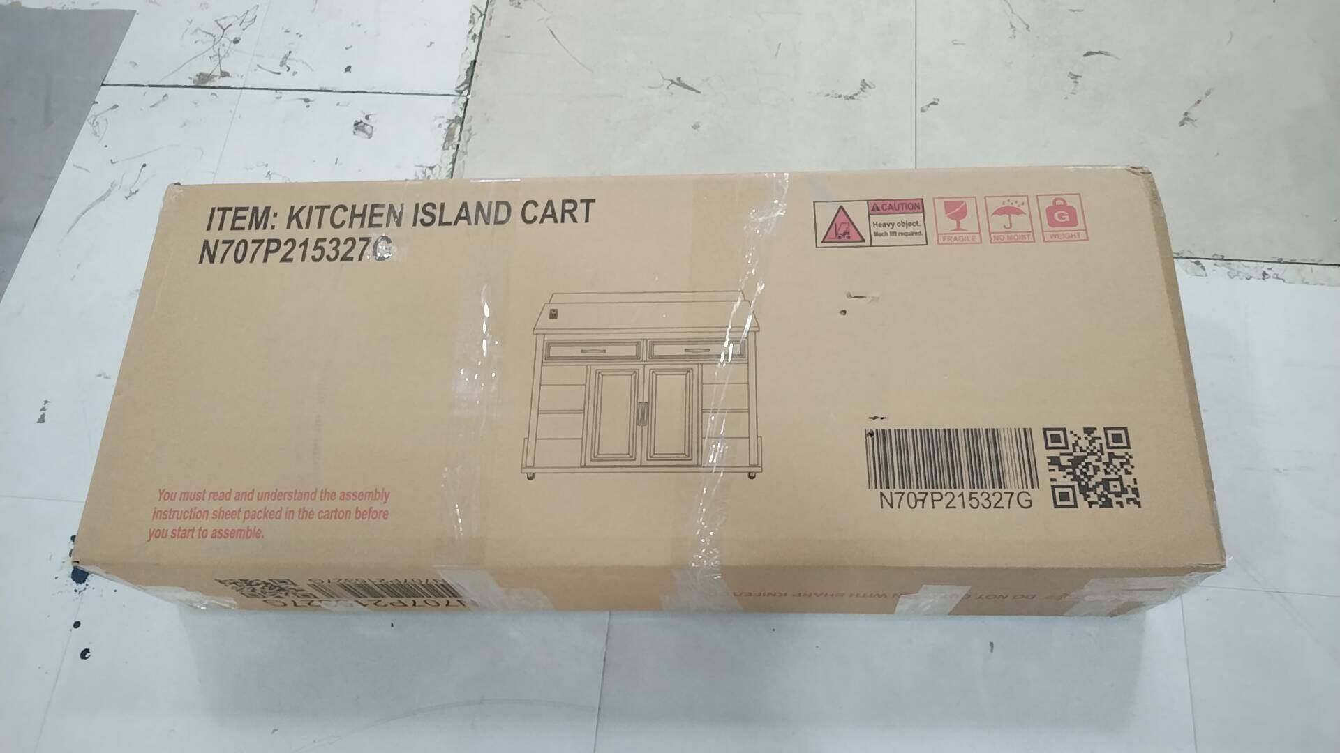 ITEM: KITCHEN ISLAND CART  
N707P215327C  

CAUTION  
Heavy object  
Be careful  
FRAGILE  
NO MOISTURE  

You must read and understand the assembly instruction sheet packed in the carton before you start to assemble.  

N707P215327G  
1707521  
UONY SLARP  
F NOT CNY