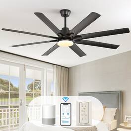 Sofucor - Large Smart Ceiling Fan with Light, Indoor/Outdoor, Alexa/Google/App Control, 8 ABS Blades, Remote - Black-66inch