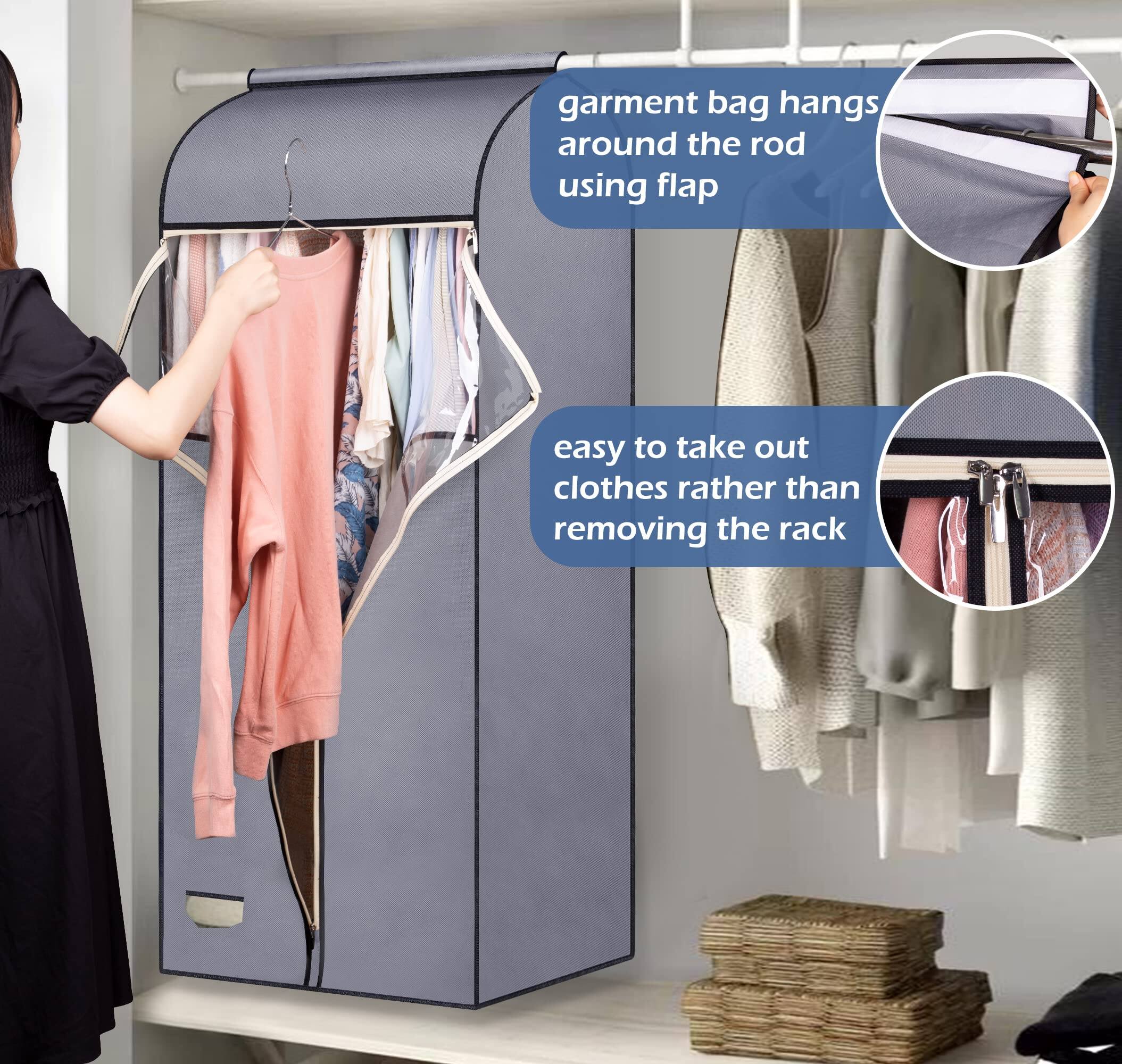 - Garment bag hangs around the rod using flap
- Easy to take out clothes rather than removing the rack