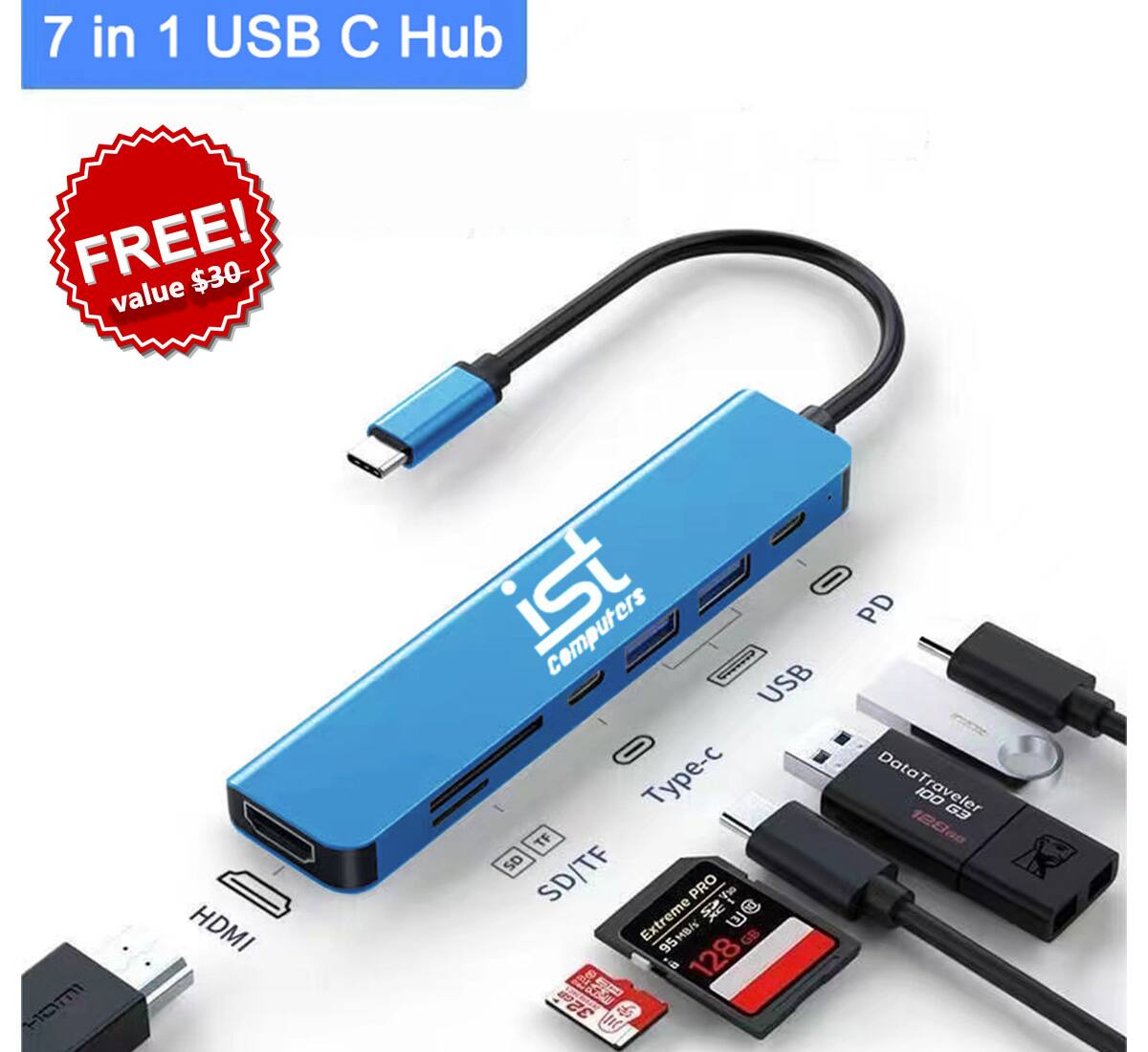 7 in 1 USB C Hub  
FREE! $30 value  

HDMI  
USB  
TF SD SD/TF PRO  
Extreme 95HB/ W GB 95 2 + 128  
PD Data 100 Traveler G3 12800