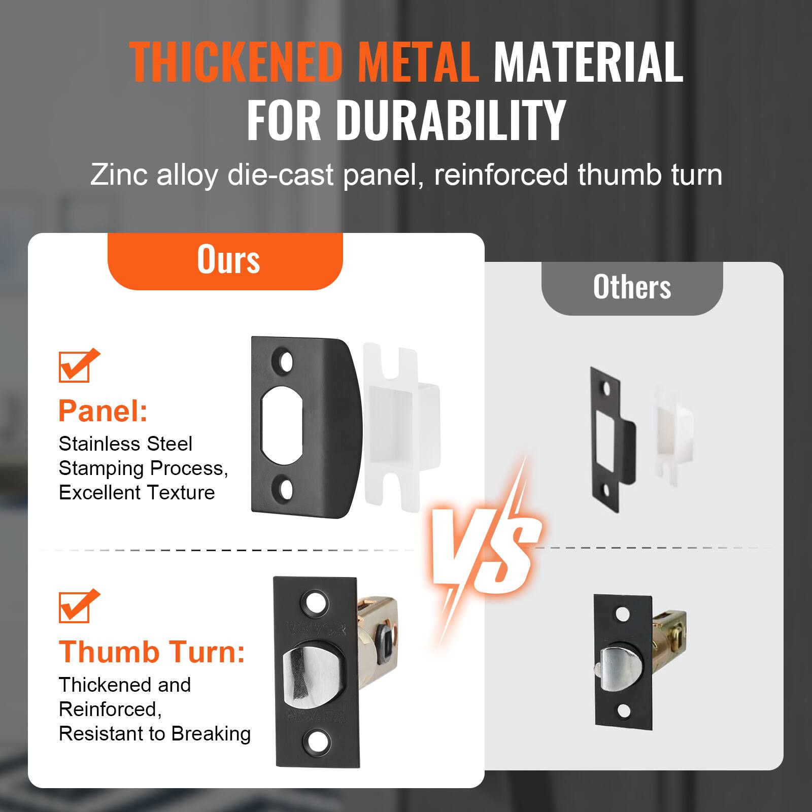 **THICKENED METAL MATERIAL FOR DURABILITY**

Zinc alloy die-cast panel, reinforced thumb turn

**Ours**

- **Panel:**
  - Stainless Steel
  - Stamping Process,
  - Excellent Texture

- **Thumb Turn:**
  - Thickened and Reinforced,
  - Resistant to Breaking

**Others**

- Panel: Stainless Steel Stamping Process, Excellent Texture
- Thumb Turn: Thickened and Reinforced, Resistant to Breaking

**VS**