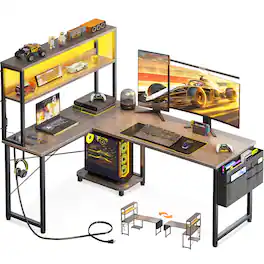AODK - Reversible L-Shaped Gaming Desk with LED Light, Power Outlet, Shelf, Storage Bag and Hook - Grey Oak