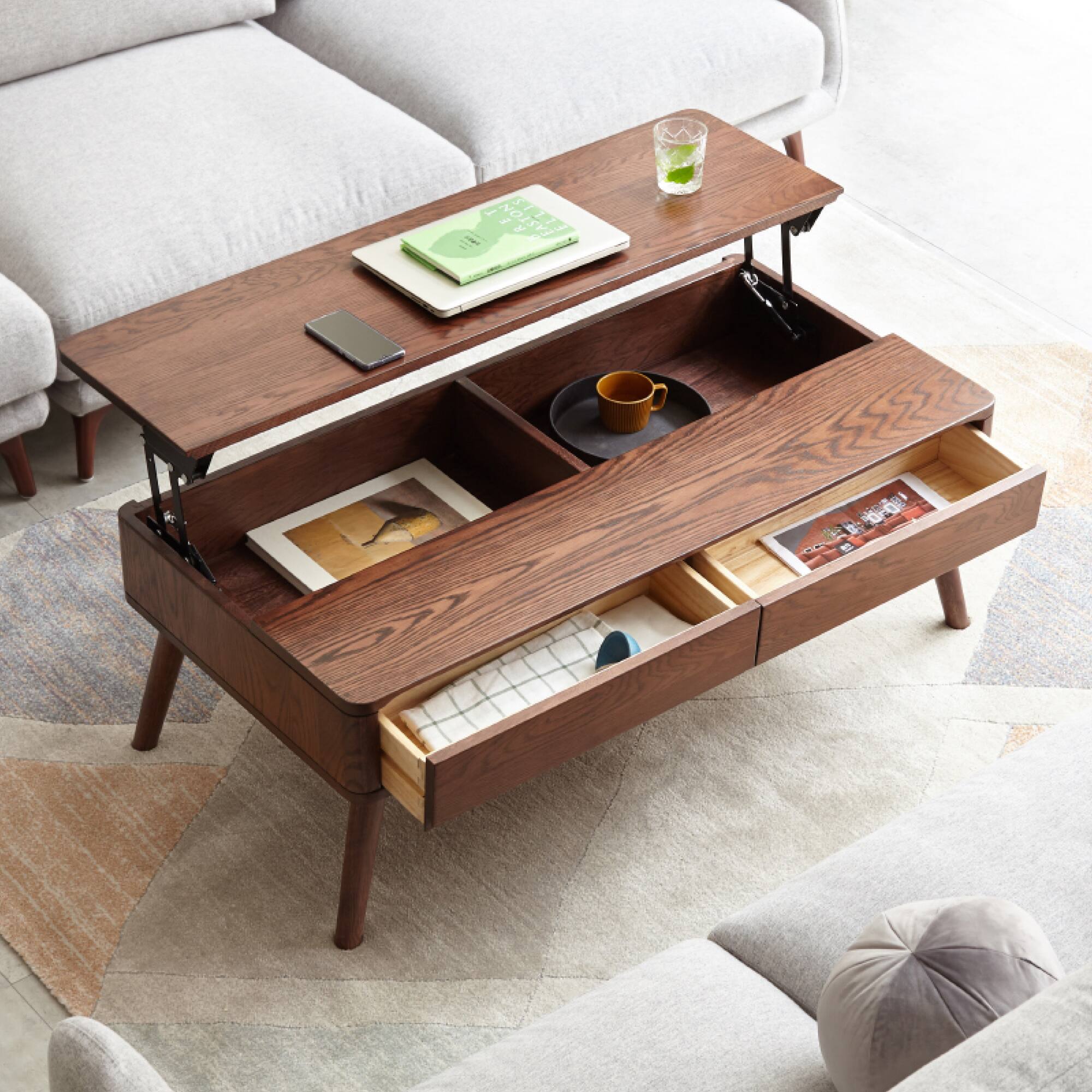 Angle. GOODSILO - Solid Oak Lift-Top Coffee Table with Hidden Storage Shelf for Living Room and Home Office - Walnut.