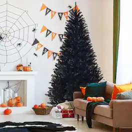 Gymax - 7.5FT Artificial Halloween Christmas Tree Hinged Pine Tree Holiday Decoration - Black