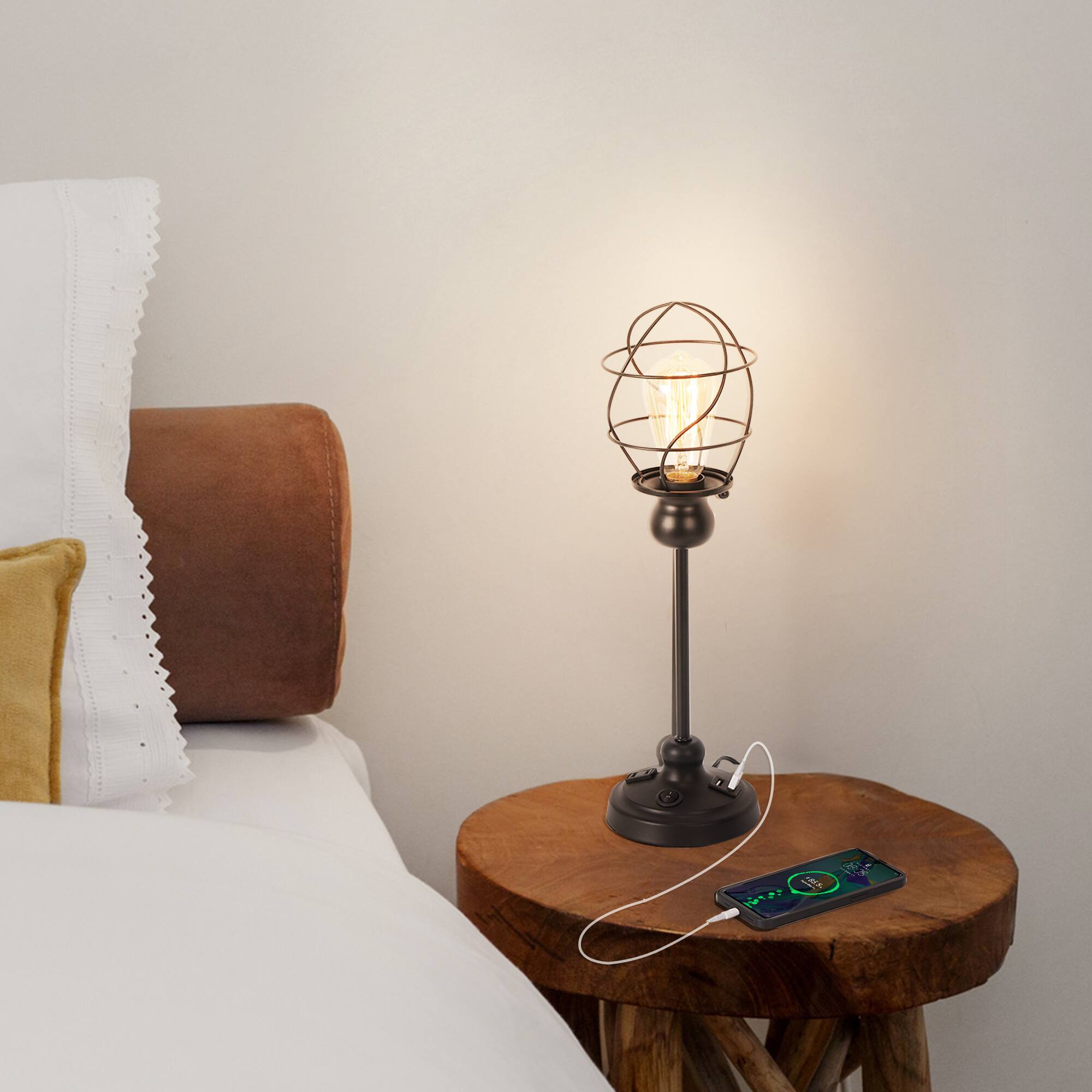 Alt View 1. Oumilen - Industrial Globe Cage Table Lamp with USB & AC Outlet – Vintage Metal Desk Lamp for Bedroom, Living Room.