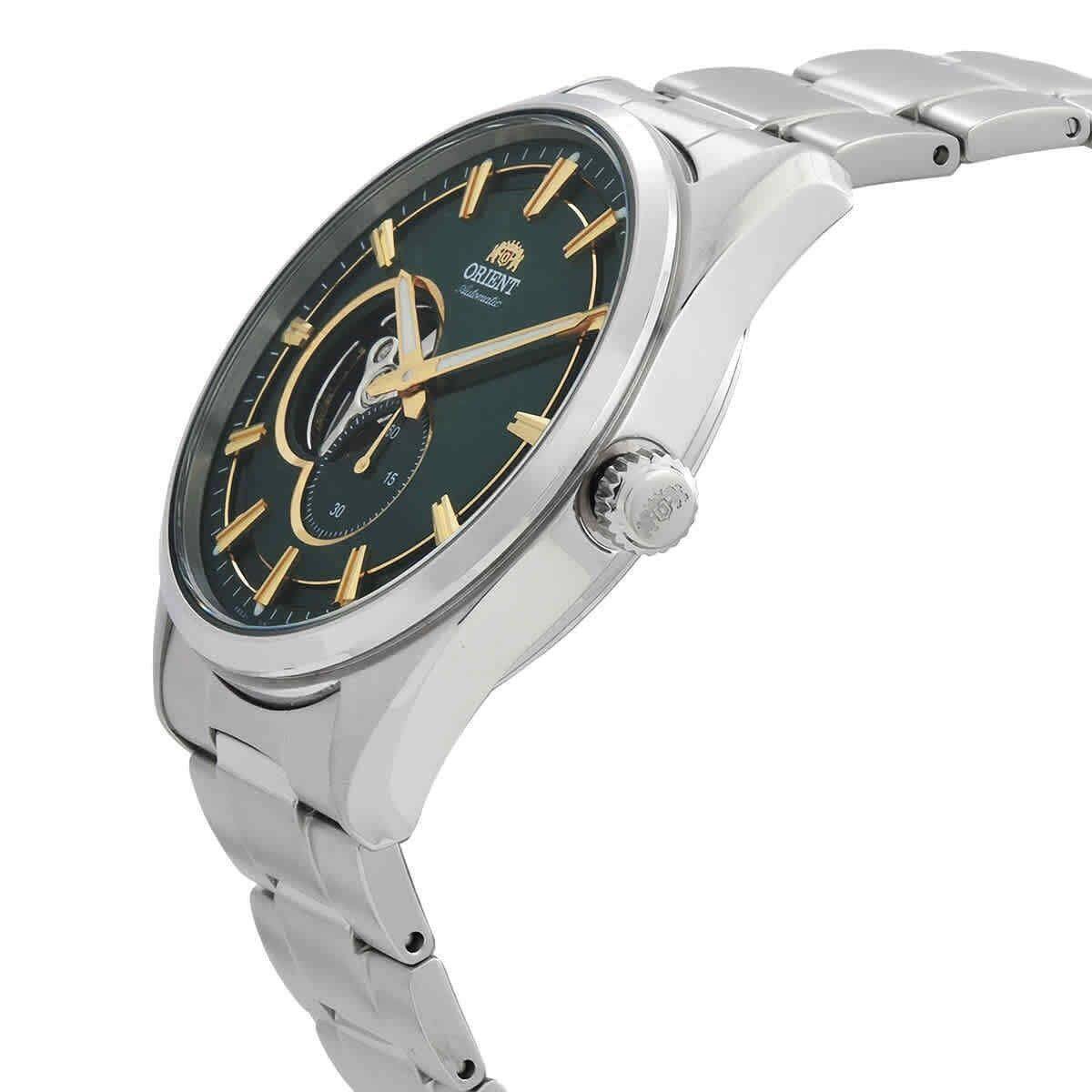 Angle. Orient - Contemporary Stainless Steel Open Heart Green Dial Automatic RA-AR0008E10B Men's Watch - Silver and Green.