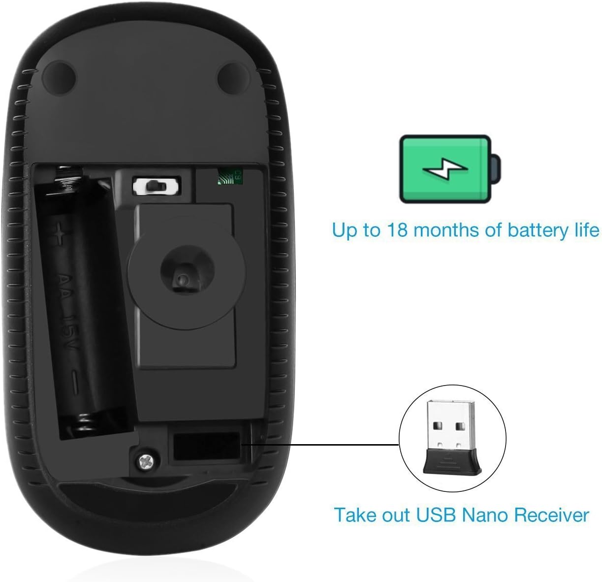 Up to 18 months of battery life

Take out USB Nano Receiver