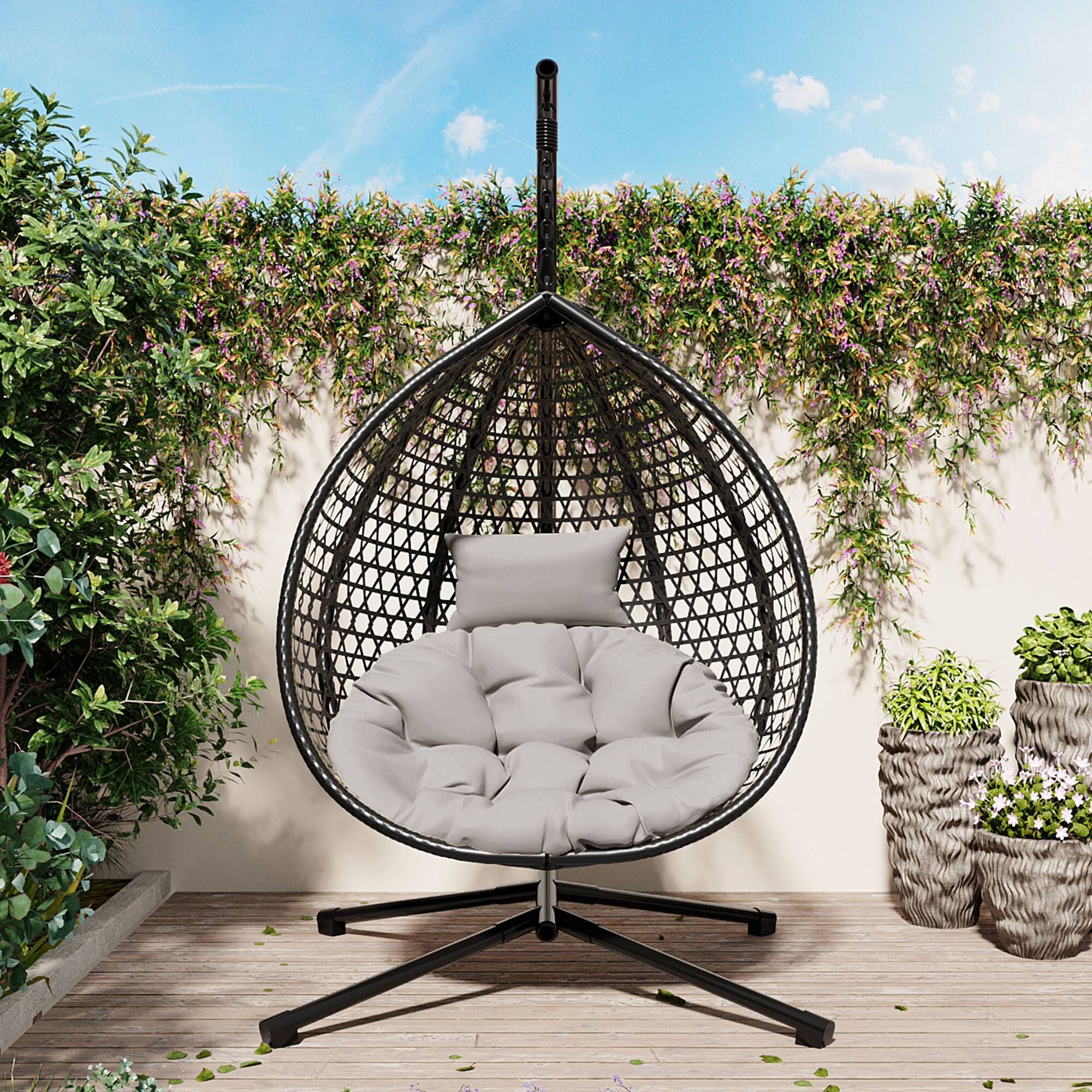 Angle. Mondawe - Outdoor Swing chairs with Soft Removable Cushion and Rattan Weaving - Black+ Gray.