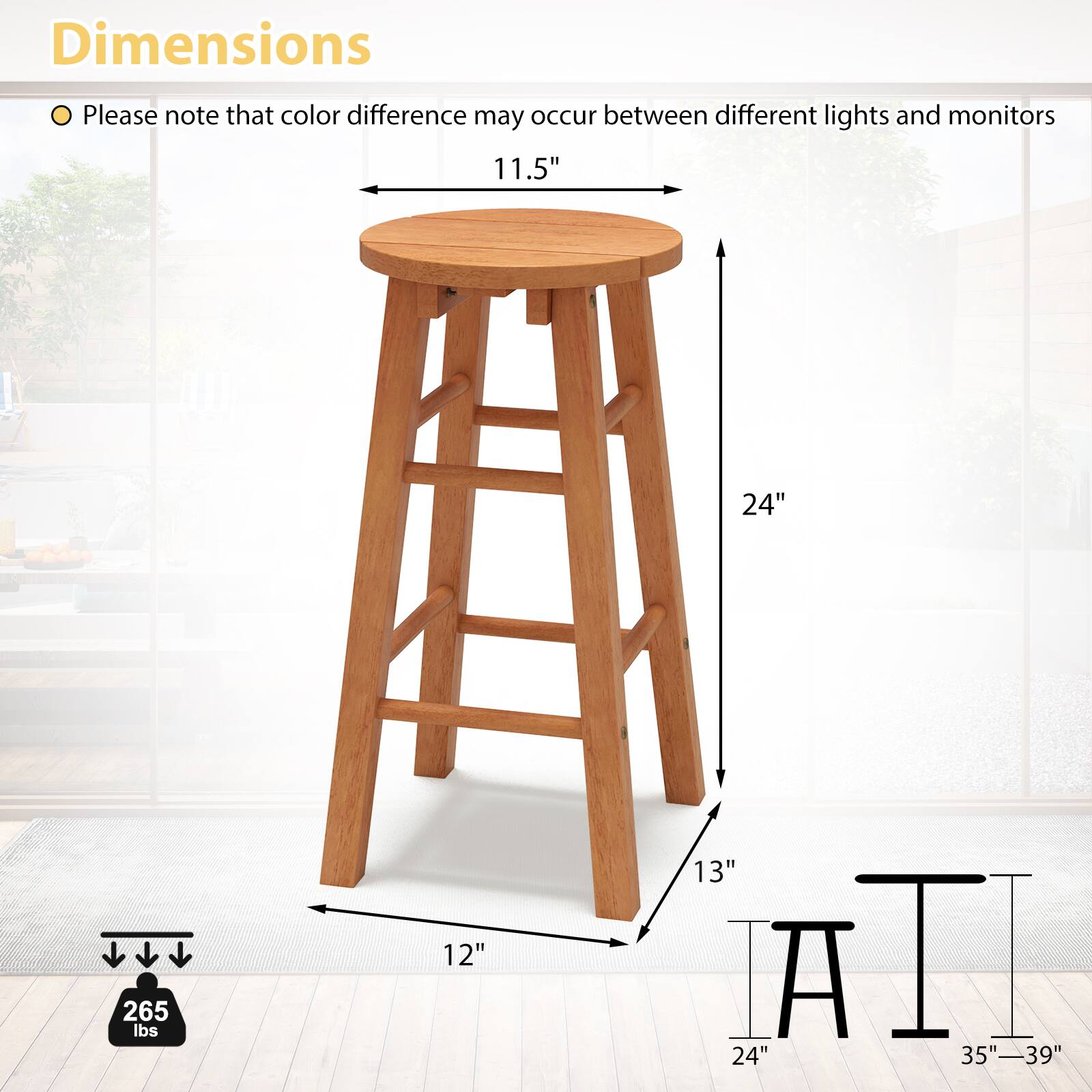 Dimensions: Please note that color difference may occur between different lights and monitors. 

- Diameter: 11.5"
- Height: 24"
- Weight capacity: 265 lbs
- Seat height: 12"
- Footrest height: 13"
- Footrest width: 24"
- Overall width: 35"-39"