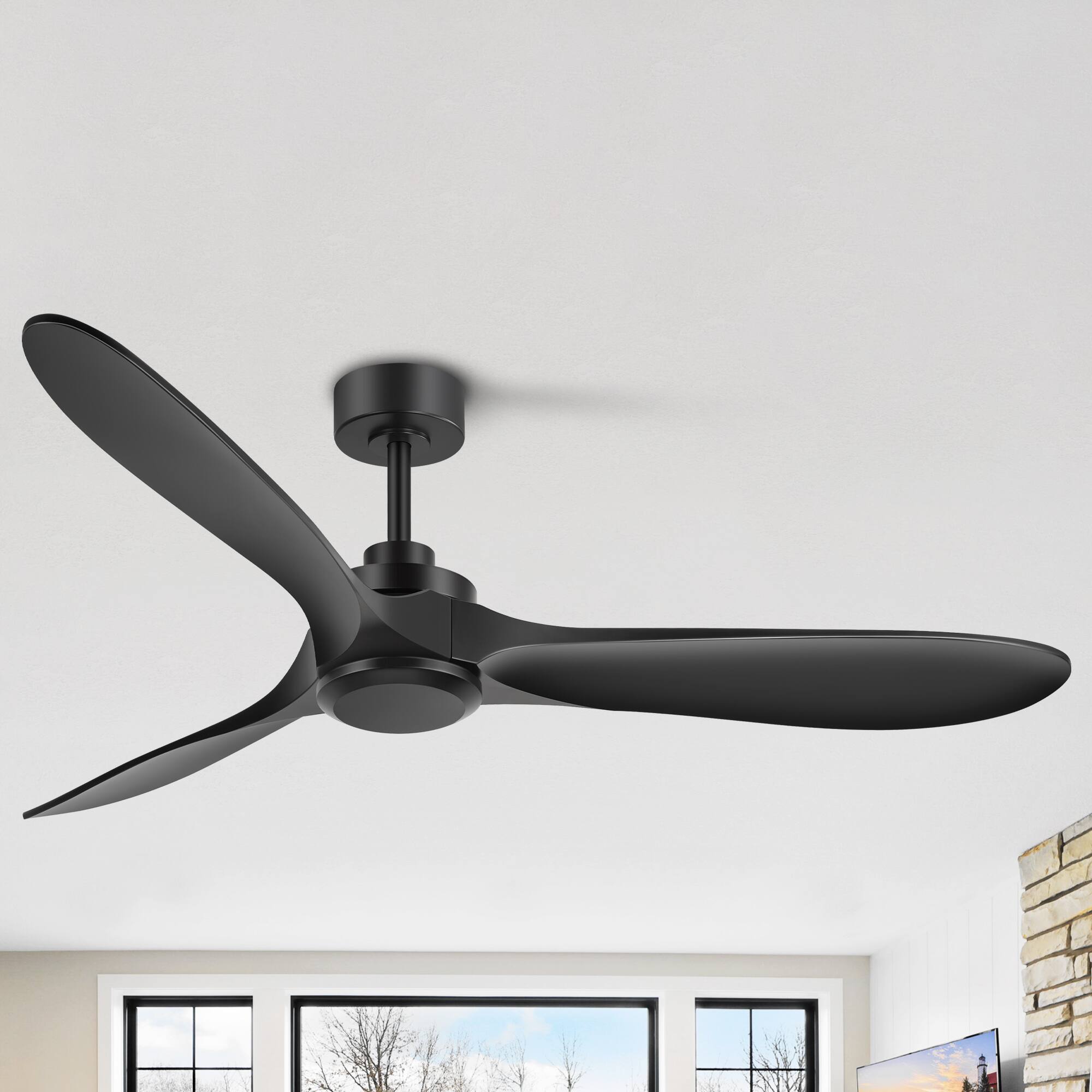 Breezary - 60-Inch Indoor Ceiling Fan with 3 ABS Blades, DC Motor, 6-Speed Remote Control with Timer, 6"&12" Downrods, Led/No Light - Matte Black (Without Light)