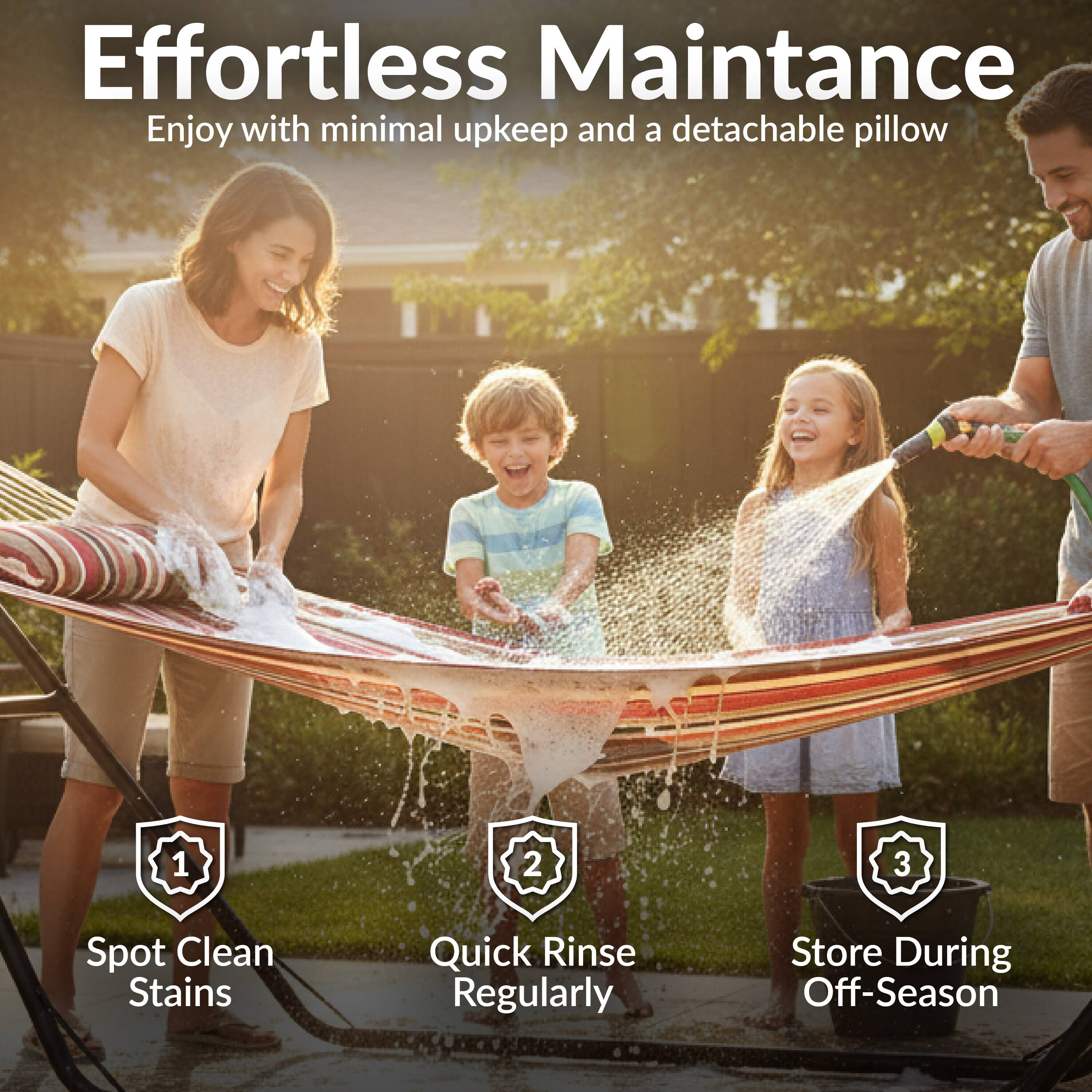 Effortless Maintenance  
Enjoy with minimal upkeep and a detachable pillow

1. Spot Clean Stains  
2. Quick Rinse Regularly  
3. Store During Off-Season