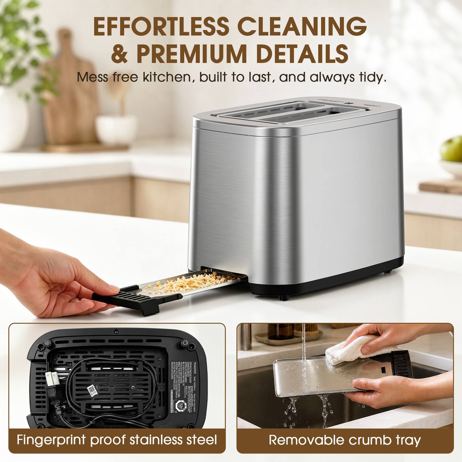 EFFORTLESS CLEANING & PREMIUM DETAILS  
Mess free kitchen, built to last, and always tidy.  
- Fingerprint proof stainless steel  
- Removable crumb tray