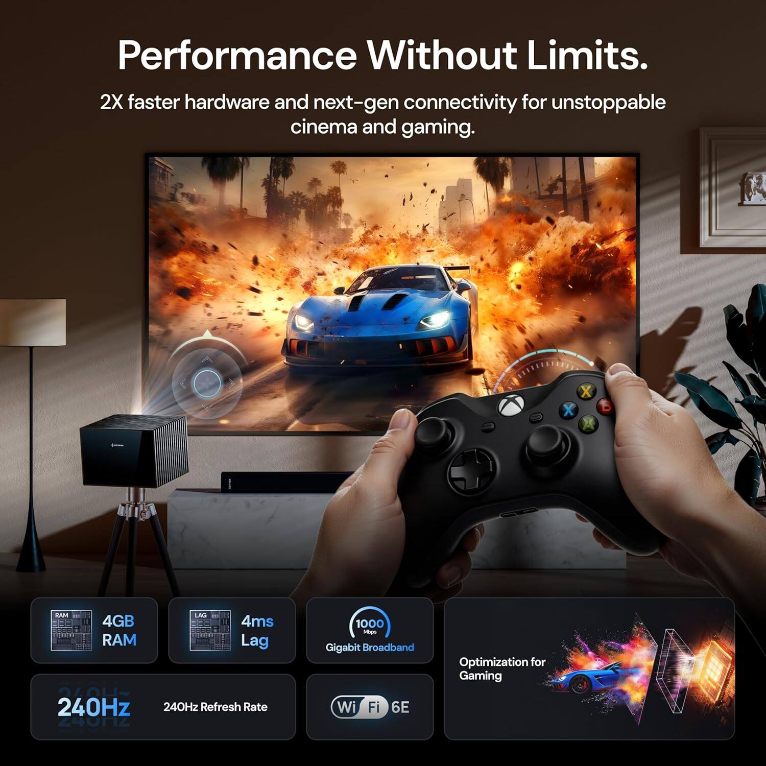 Performance Without Limits.  
2X faster hardware and next-gen connectivity for unstoppable cinema and gaming.  

- 4GB RAM  
- 4ms Lag  
- 240Hz Refresh Rate  
- 1000 Gigabit Broadband  
- Wi-Fi 6E  
- Optimization for Gaming