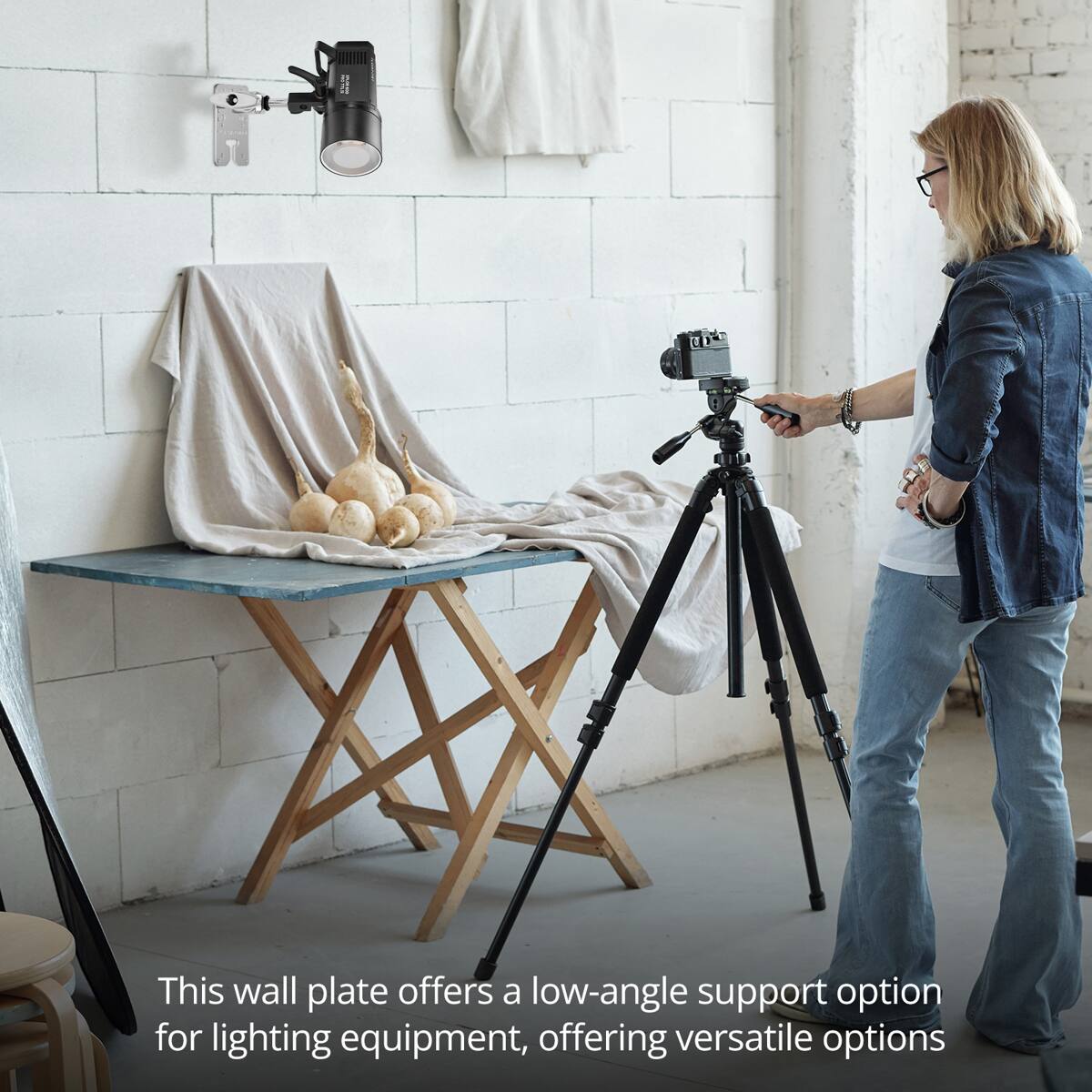 This wall plate offers a low-angle support option for lighting equipment, offering versatile options